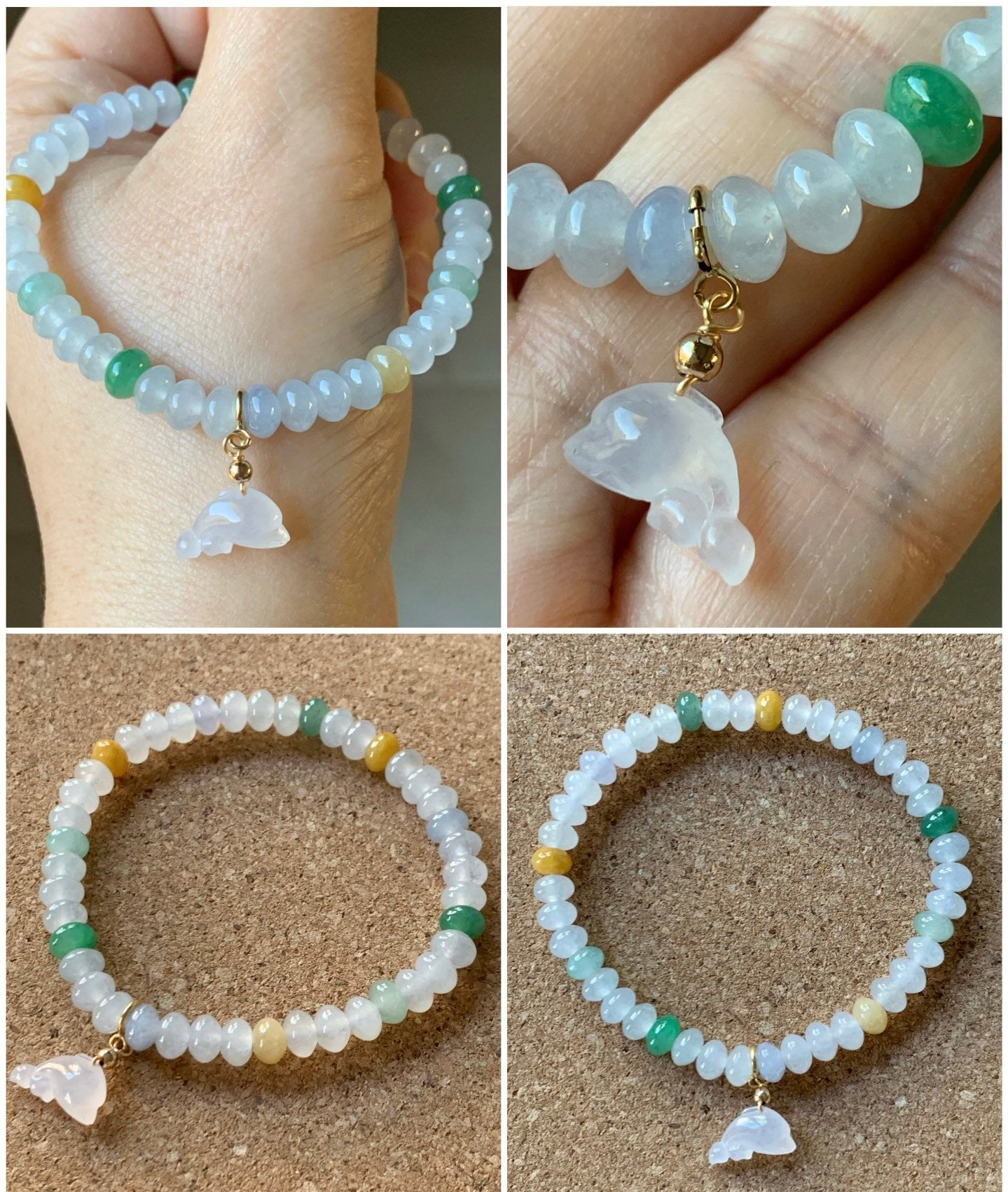 Burmese Natural Premium Icy translucent Multi-Colored Jadeite Drum Beads Beaded Bracelet w/ Carved Dolphin Charm 6.75” 天然缅甸起冰起光多宝翡翠鼓珠手串