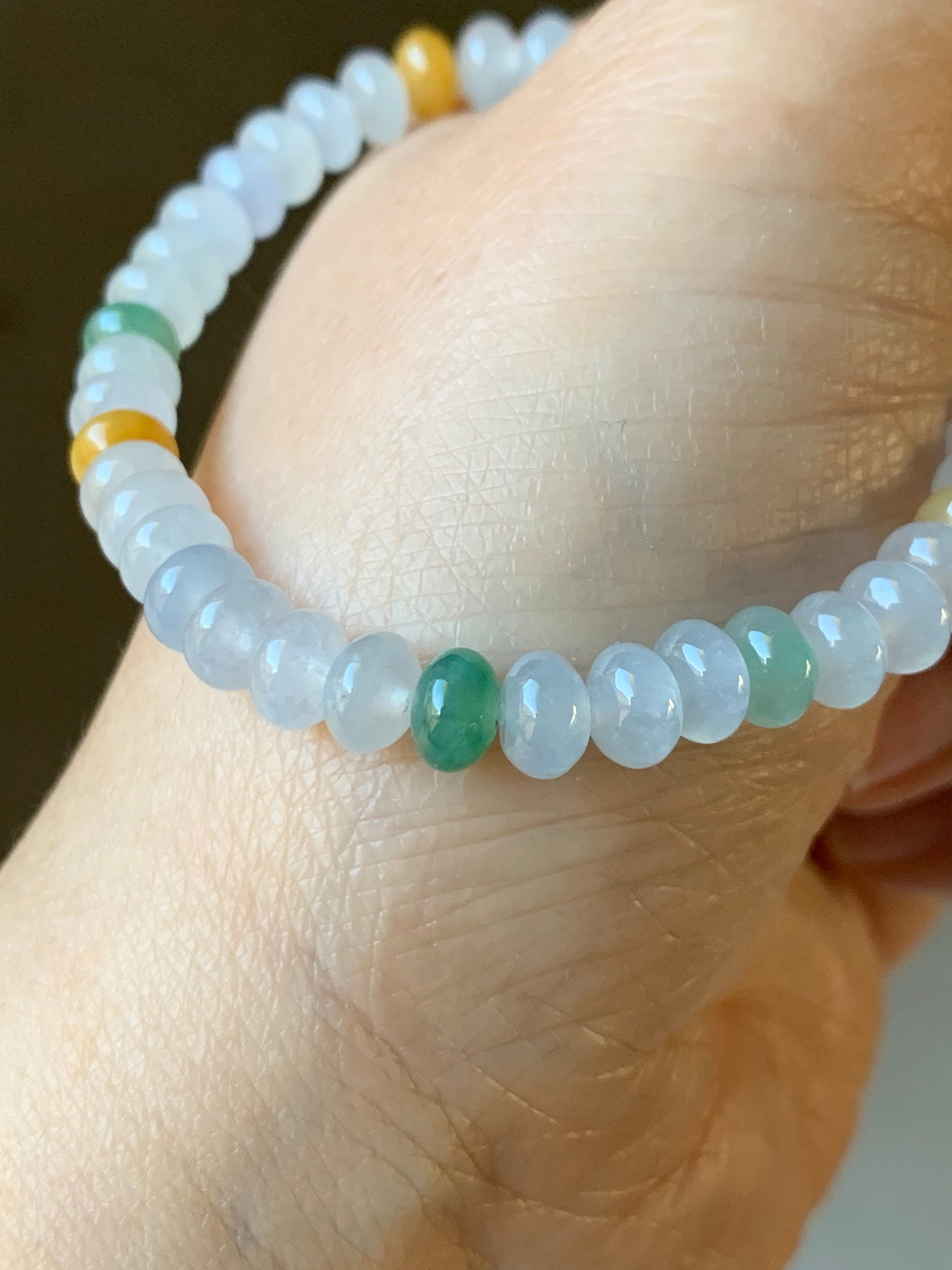 Burmese Natural Premium Icy translucent Multi-Colored Jadeite Drum Beads Beaded Bracelet w/ Carved Dolphin Charm 6.75” 天然缅甸起冰起光多宝翡翠鼓珠手串