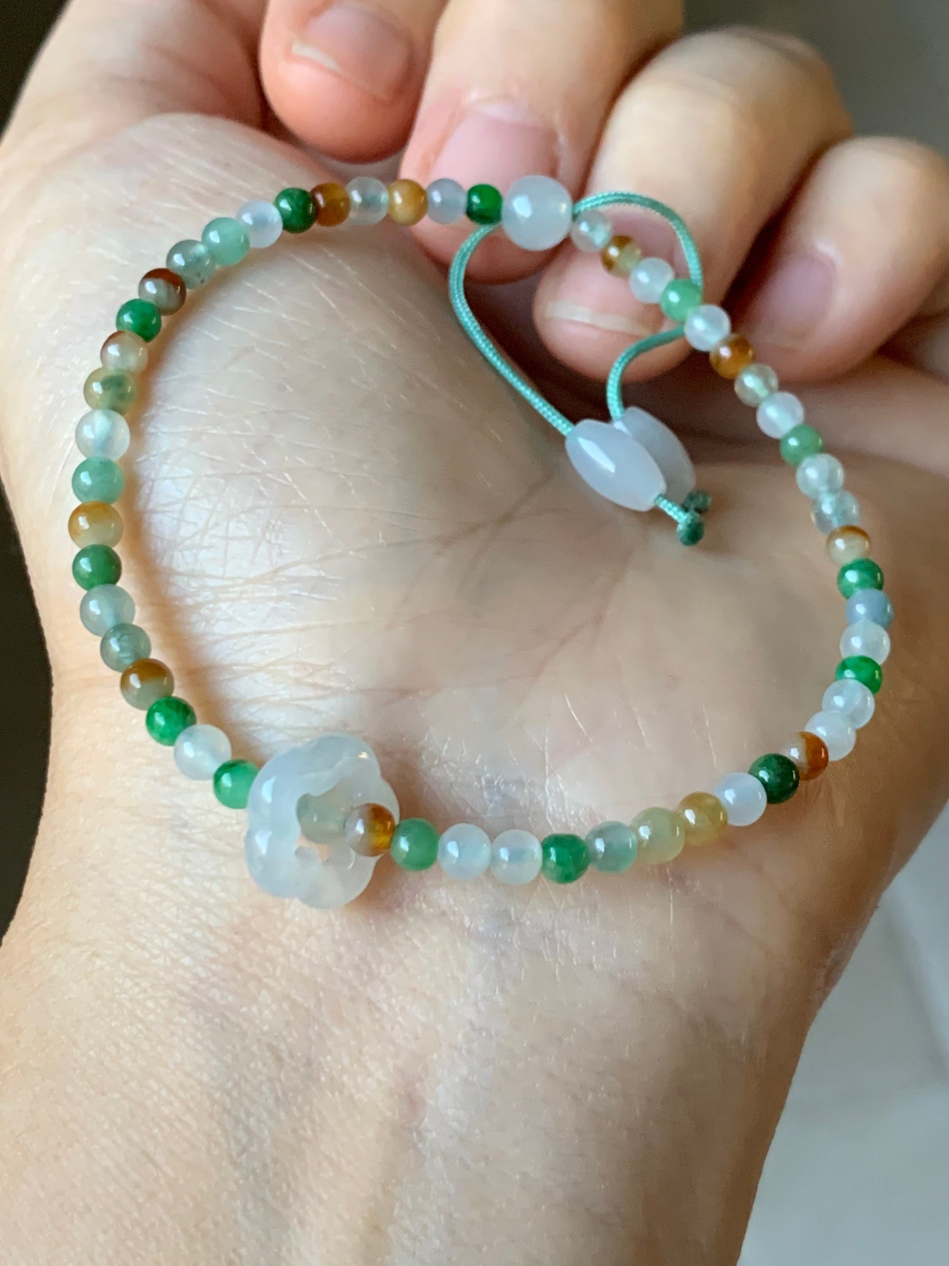 Natural Burmese Icy Translucent Multi-Colored Jadeite Petite Beads w/ Flower Sliding Jadeite Ring Beaded Bracelet 6.75” 天然缅甸冰多宝翡翠小圆珠白冰跑环手串