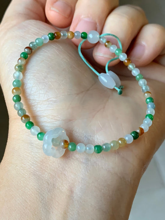 Natural Burmese Icy Translucent Multi-Colored Jadeite Petite Beads w/ Flower Sliding Jadeite Ring Beaded Bracelet 6.75” 天然缅甸冰多宝翡翠小圆珠白冰跑环手串