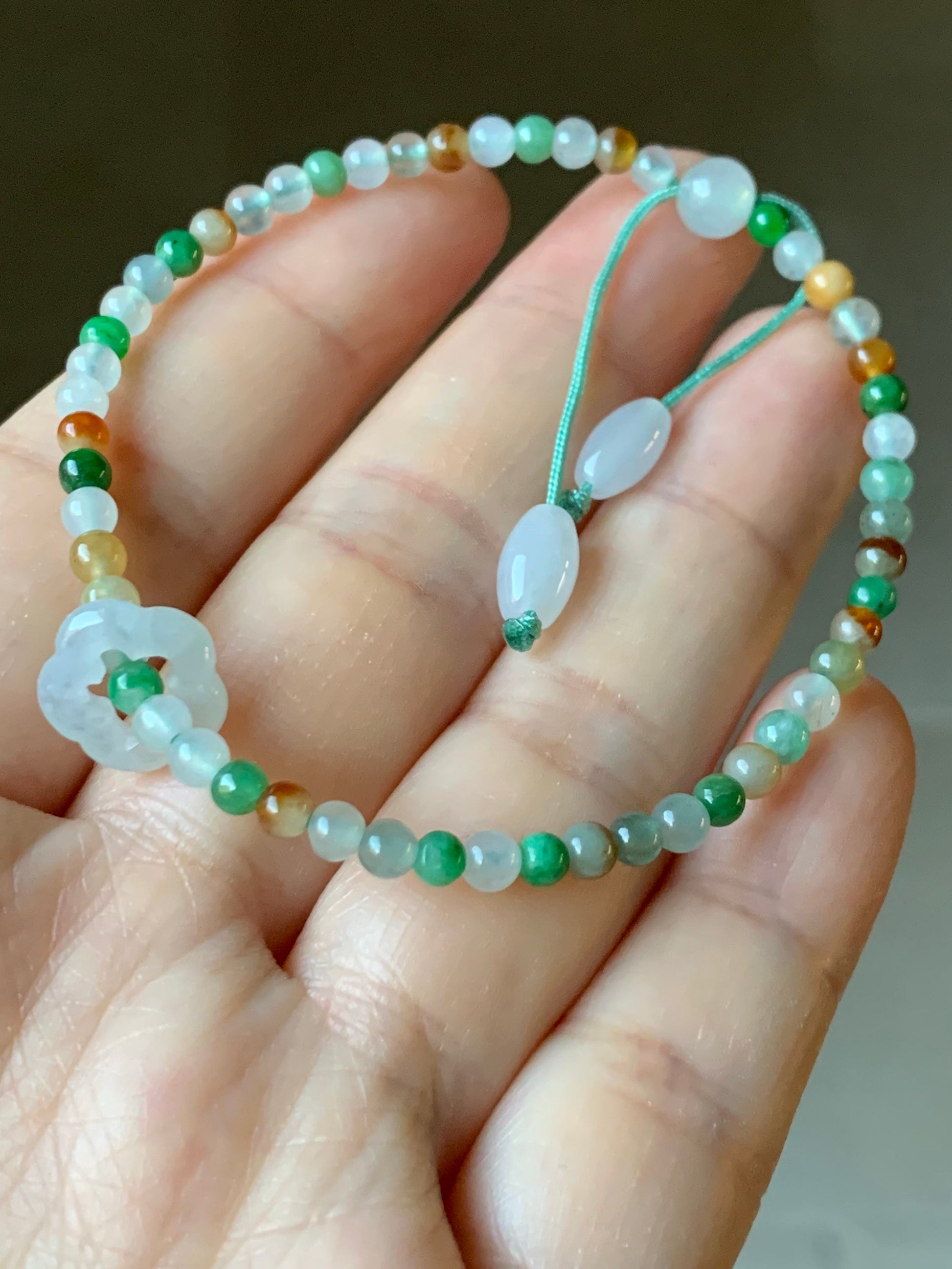 Natural Burmese Icy Translucent Multi-Colored Jadeite Petite Beads w/ Flower Sliding Jadeite Ring Beaded Bracelet 6.75” 天然缅甸冰多宝翡翠小圆珠白冰跑环手串