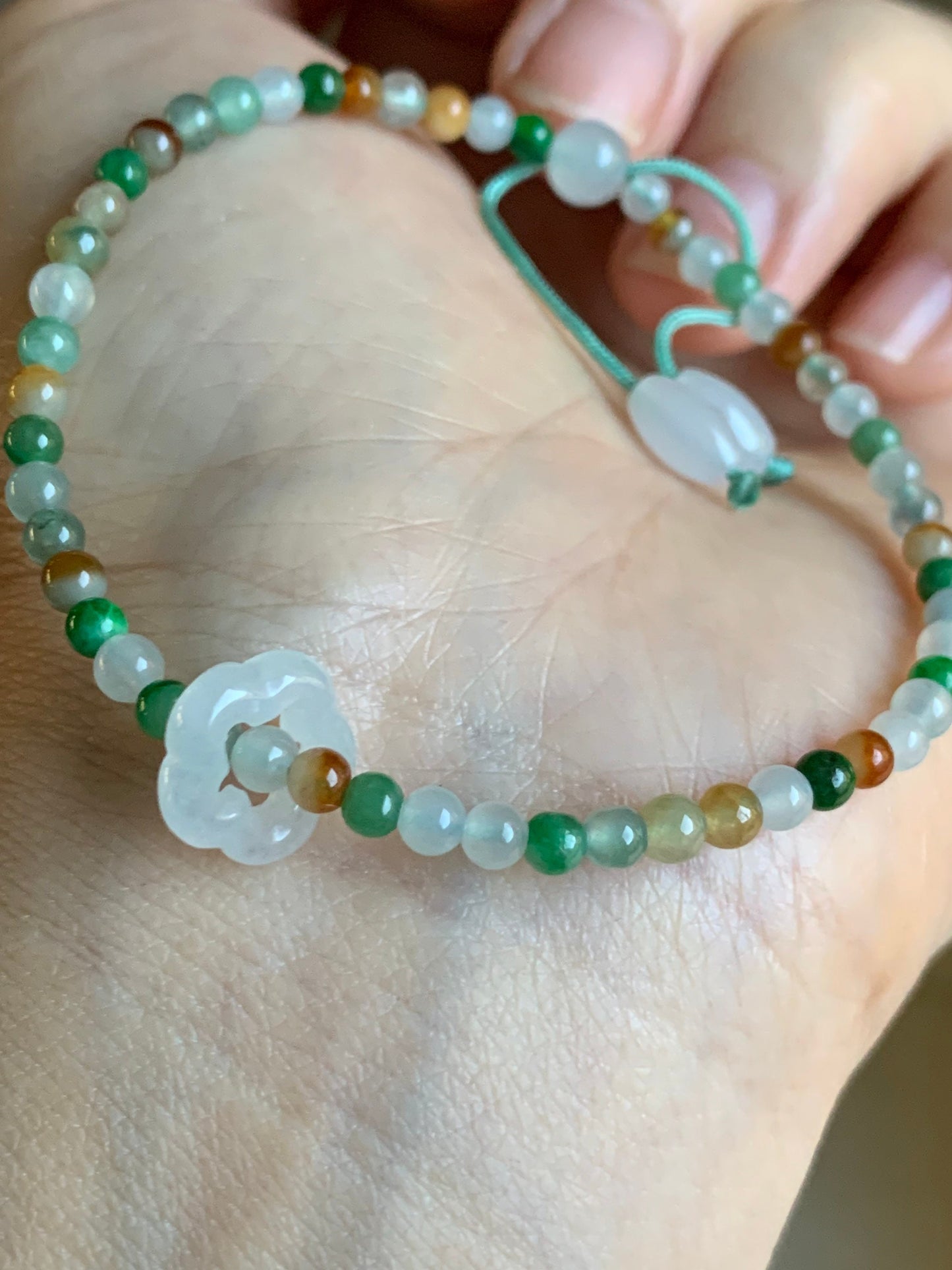 Natural Burmese Icy Translucent Multi-Colored Jadeite Petite Beads w/ Flower Sliding Jadeite Ring Beaded Bracelet 6.75” 天然缅甸冰多宝翡翠小圆珠白冰跑环手串