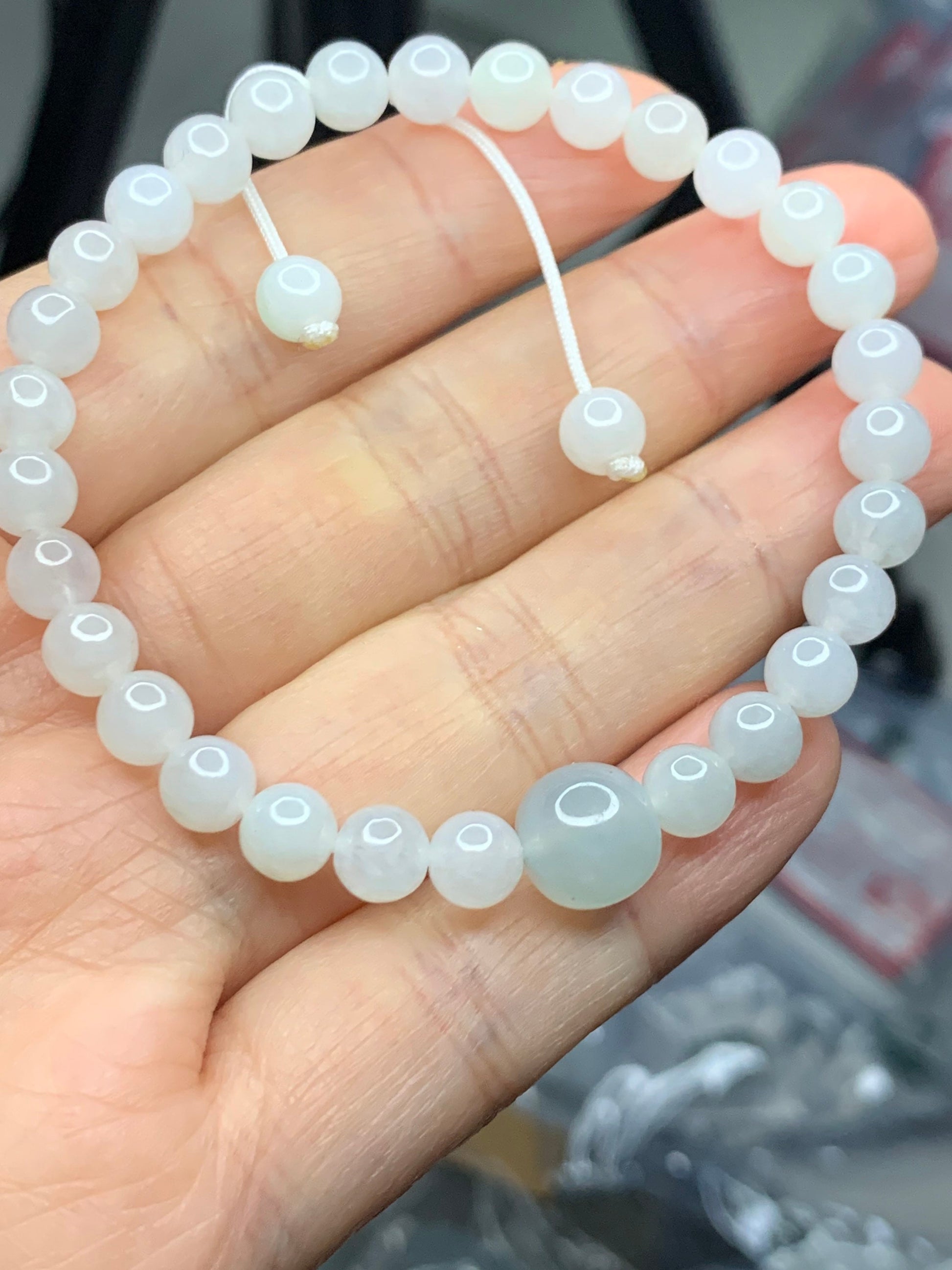 Natural Burmese Icy Translucent Gelatinous White Jadeite Beads Light Sky Blue Jadeite Apple Bead Beaded Bracelet 6.75” 天然缅甸细糯白冰翡翠珠晴色苹果珠手串