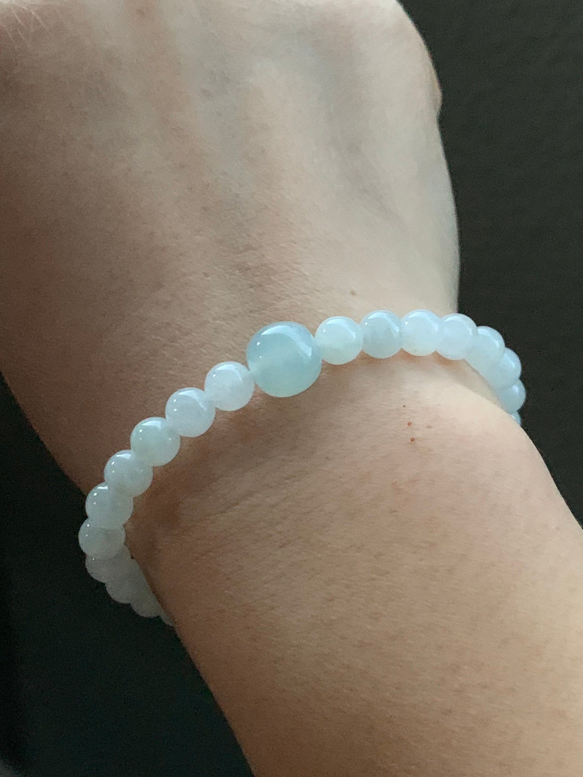 Natural Burmese Icy Translucent Gelatinous White Jadeite Beads Light Sky Blue Jadeite Apple Bead Beaded Bracelet 6.75” 天然缅甸细糯白冰翡翠珠晴色苹果珠手串