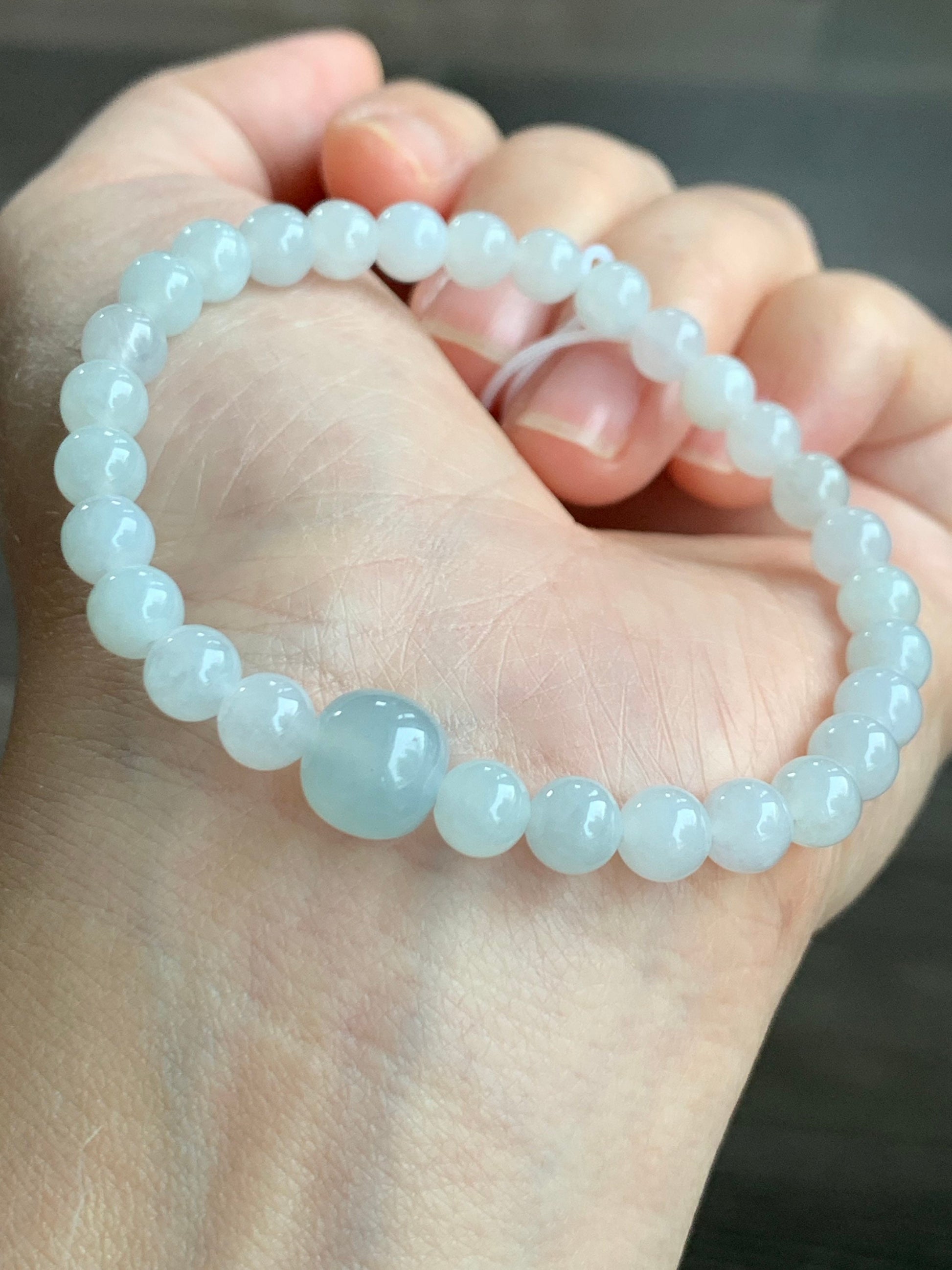 Natural Burmese Icy Translucent Gelatinous White Jadeite Beads Light Sky Blue Jadeite Apple Bead Beaded Bracelet 6.75” 天然缅甸细糯白冰翡翠珠晴色苹果珠手串