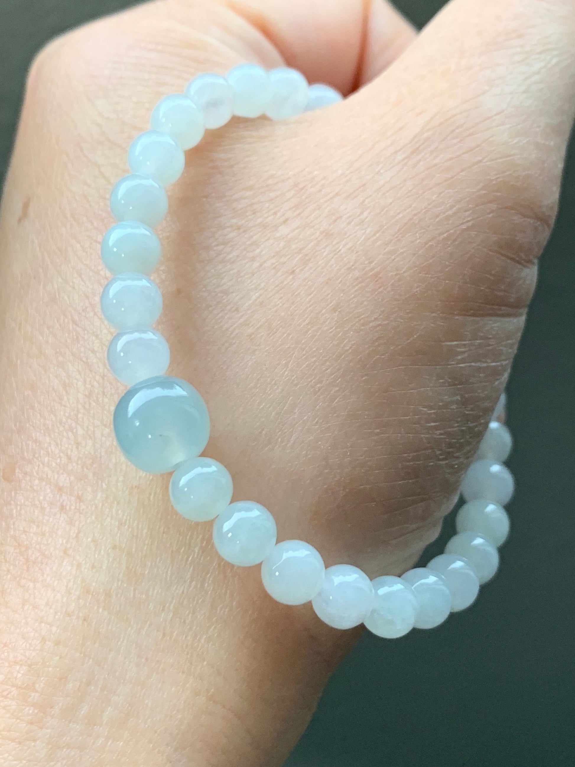 Natural Burmese Icy Translucent Gelatinous White Jadeite Beads Light Sky Blue Jadeite Apple Bead Beaded Bracelet 6.75” 天然缅甸细糯白冰翡翠珠晴色苹果珠手串