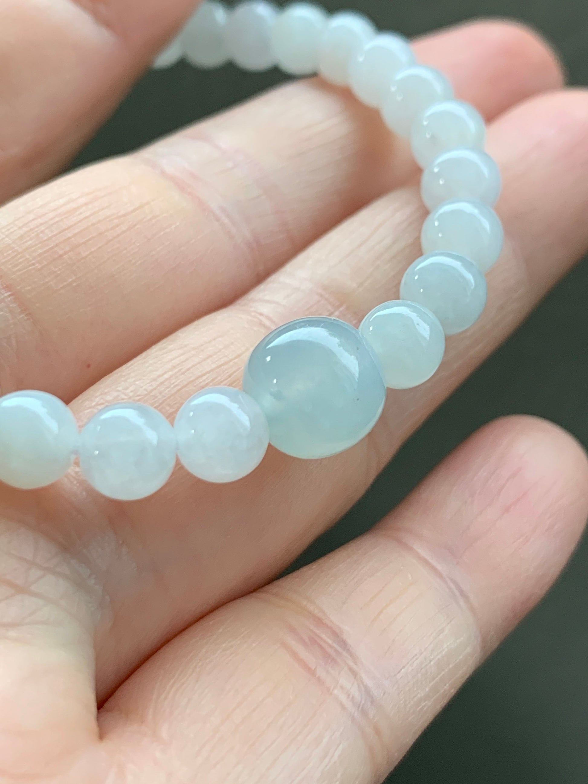 Natural Burmese Icy Translucent Gelatinous White Jadeite Beads Light Sky Blue Jadeite Apple Bead Beaded Bracelet 6.75” 天然缅甸细糯白冰翡翠珠晴色苹果珠手串