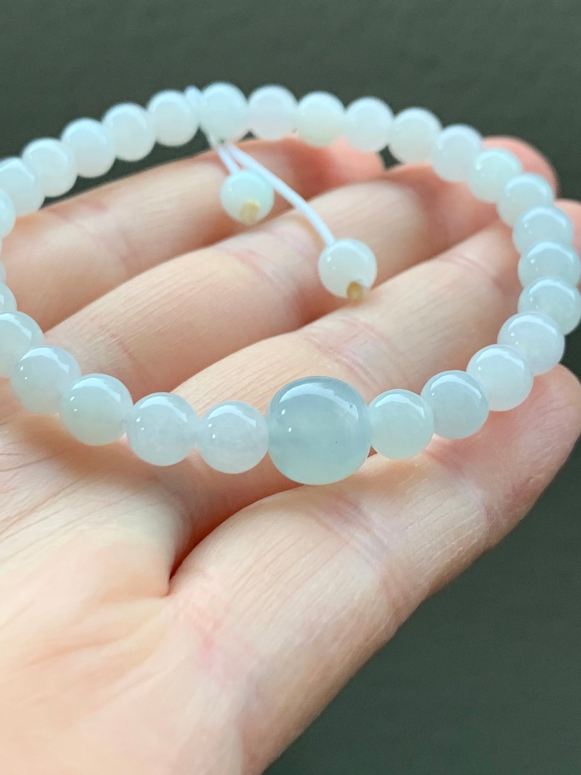 Natural Burmese Icy Translucent Gelatinous White Jadeite Beads Light Sky Blue Jadeite Apple Bead Beaded Bracelet 6.75” 天然缅甸细糯白冰翡翠珠晴色苹果珠手串