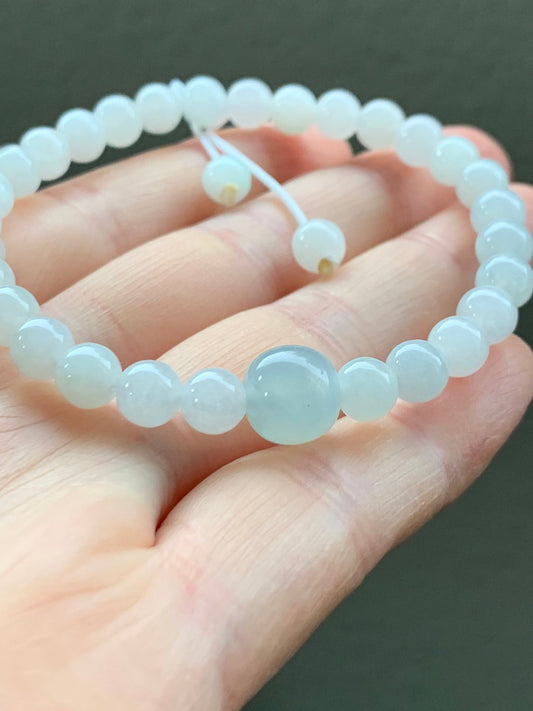 Natural Burmese Icy Translucent Gelatinous White Jadeite Beads Light Sky Blue Jadeite Apple Bead Beaded Bracelet 6.75” 天然缅甸细糯白冰翡翠珠晴色苹果珠手串