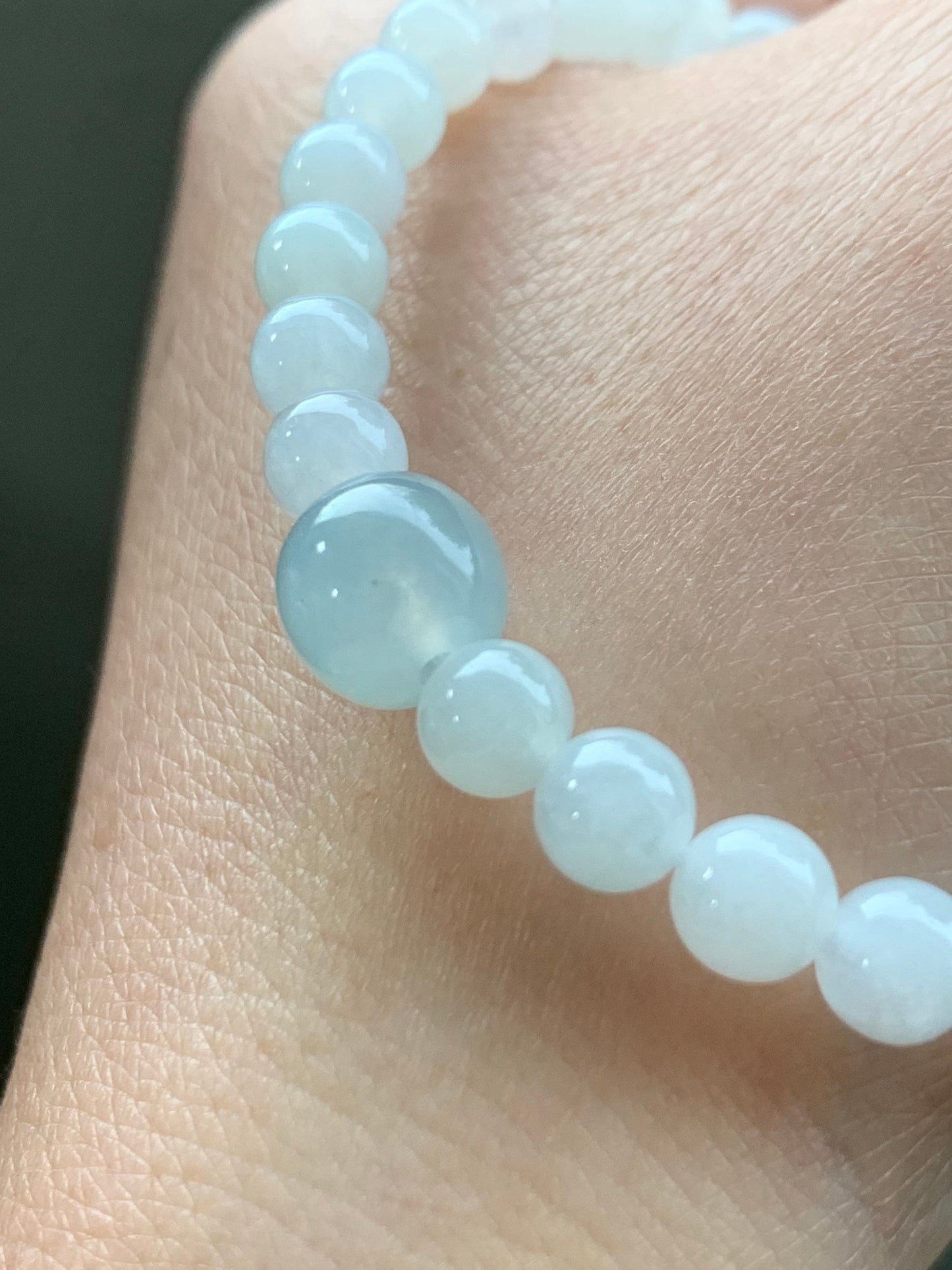 Natural Burmese Icy Translucent Gelatinous White Jadeite Beads Light Sky Blue Jadeite Apple Bead Beaded Bracelet 6.75” 天然缅甸细糯白冰翡翠珠晴色苹果珠手串