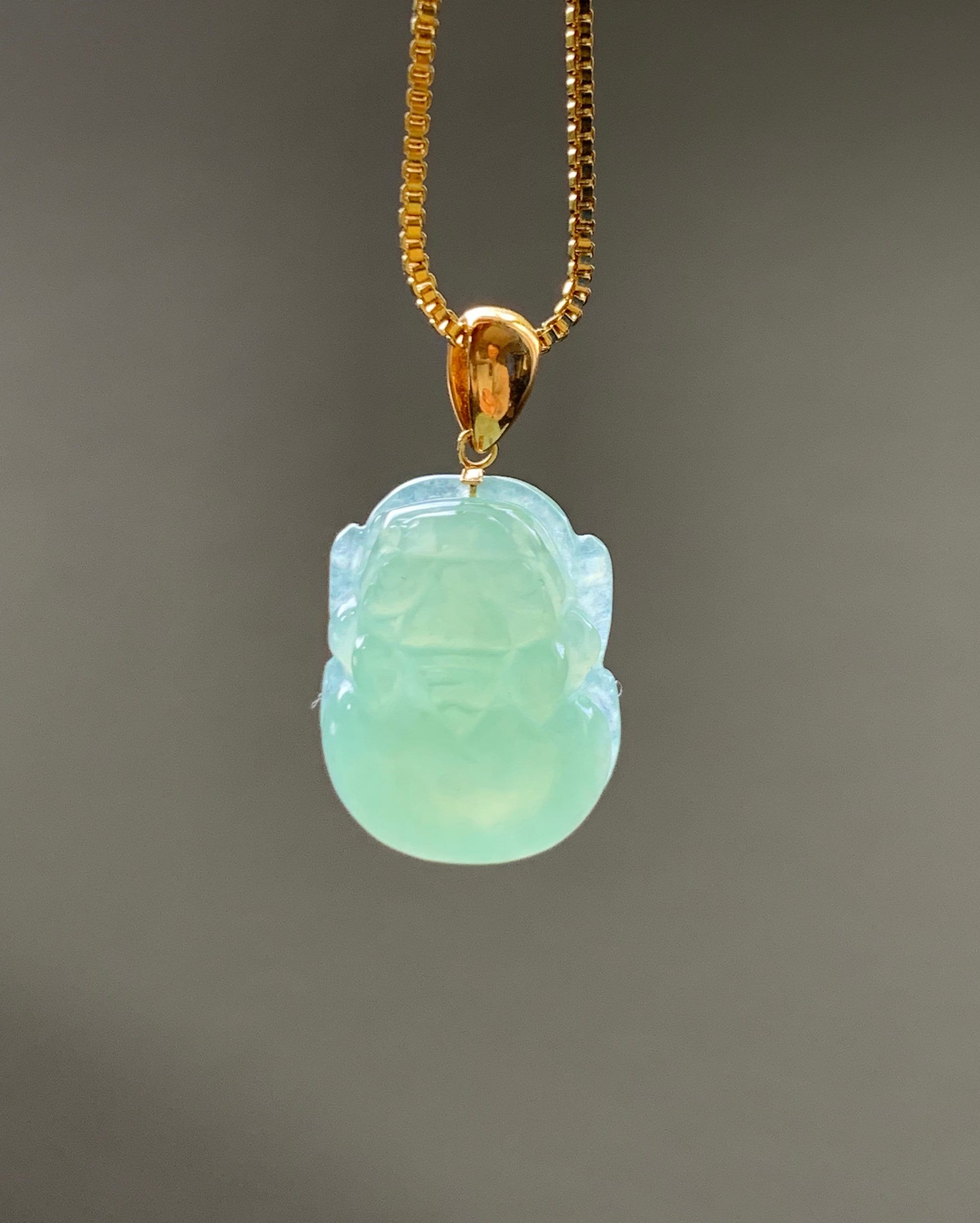 PETITE Natural Burmese Icy Translucent Green Jadeite Carved Pixiu Pendant 18K Yellow Gold Bail 天然缅甸冰绿翡翠貔貅吊坠