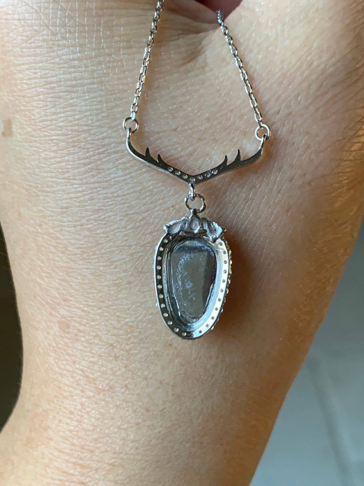 Natural Guatemalan Highly Translucent Sky Blue/Light Blue Jadeite Carved Leaf Antler Design Necklace S925 Silver 16” 天然冰危天空蓝翡翠大叶有成银镶项链