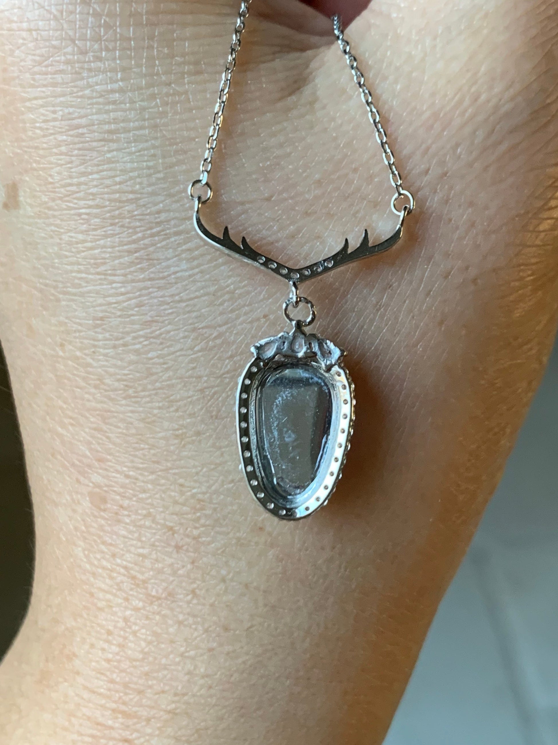 Natural Guatemalan Highly Translucent Sky Blue/Light Blue Jadeite Carved Leaf Antler Design Necklace S925 Silver 16” 天然冰危天空蓝翡翠大叶有成银镶项链