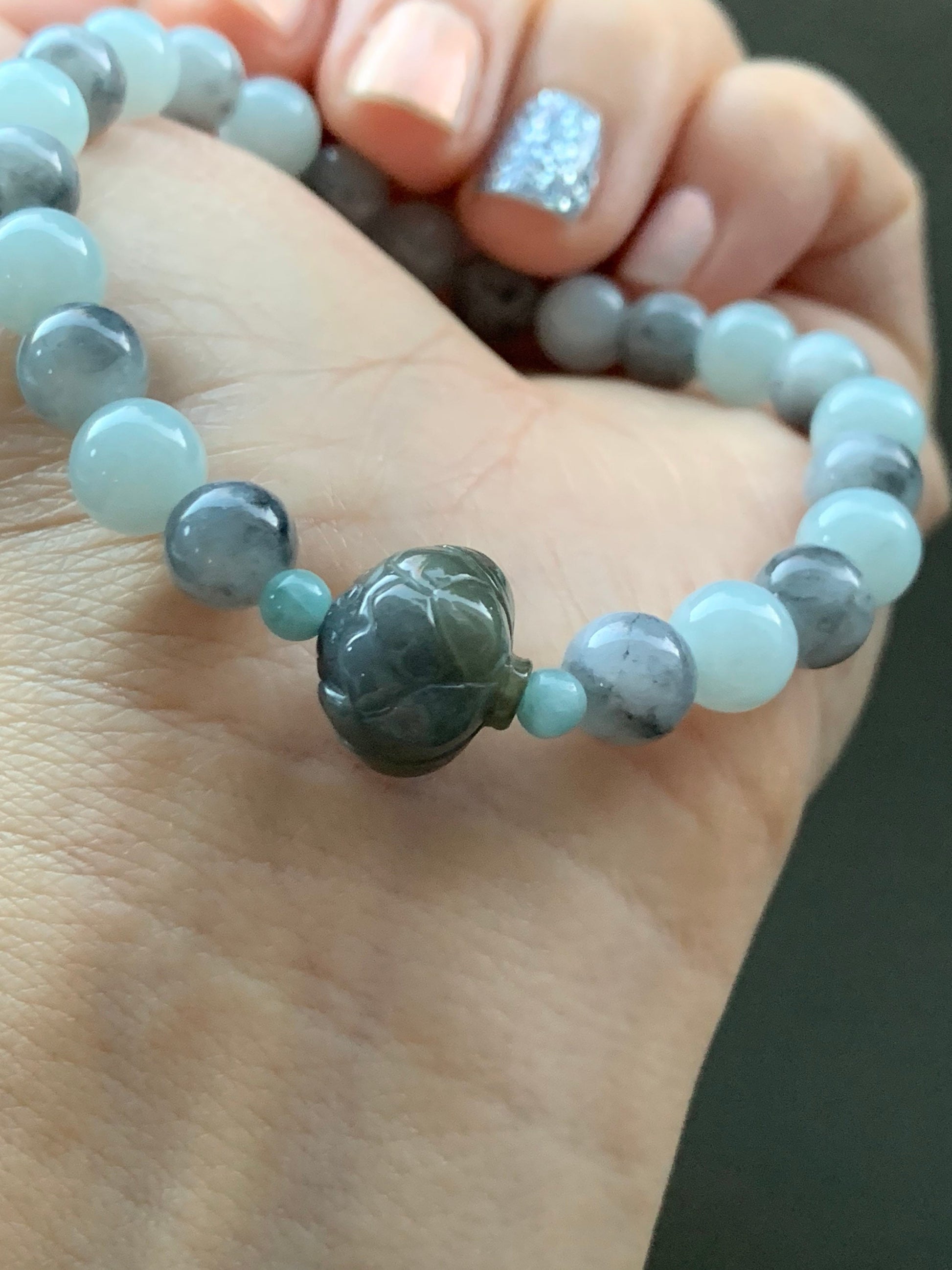 Burmese Natural Sky Blue & Icy Wuji Jadeite Beads Carved Wuji Jadeite Lotus Flower Beaded Bracelet 7” 天然缅甸天空蓝乌鸡翡翠莲花珠手串