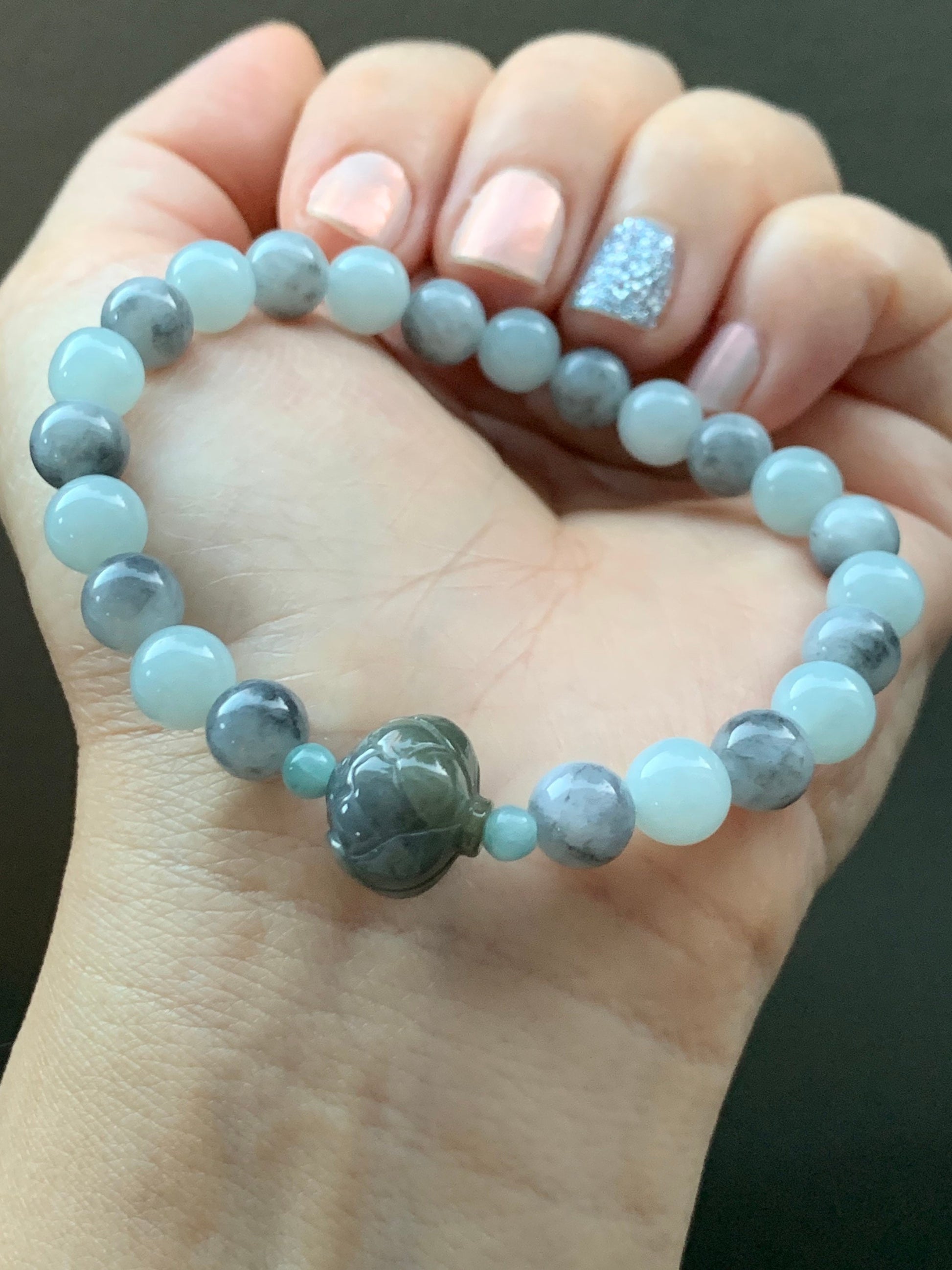 Burmese Natural Sky Blue & Icy Wuji Jadeite Beads Carved Wuji Jadeite Lotus Flower Beaded Bracelet 7” 天然缅甸天空蓝乌鸡翡翠莲花珠手串