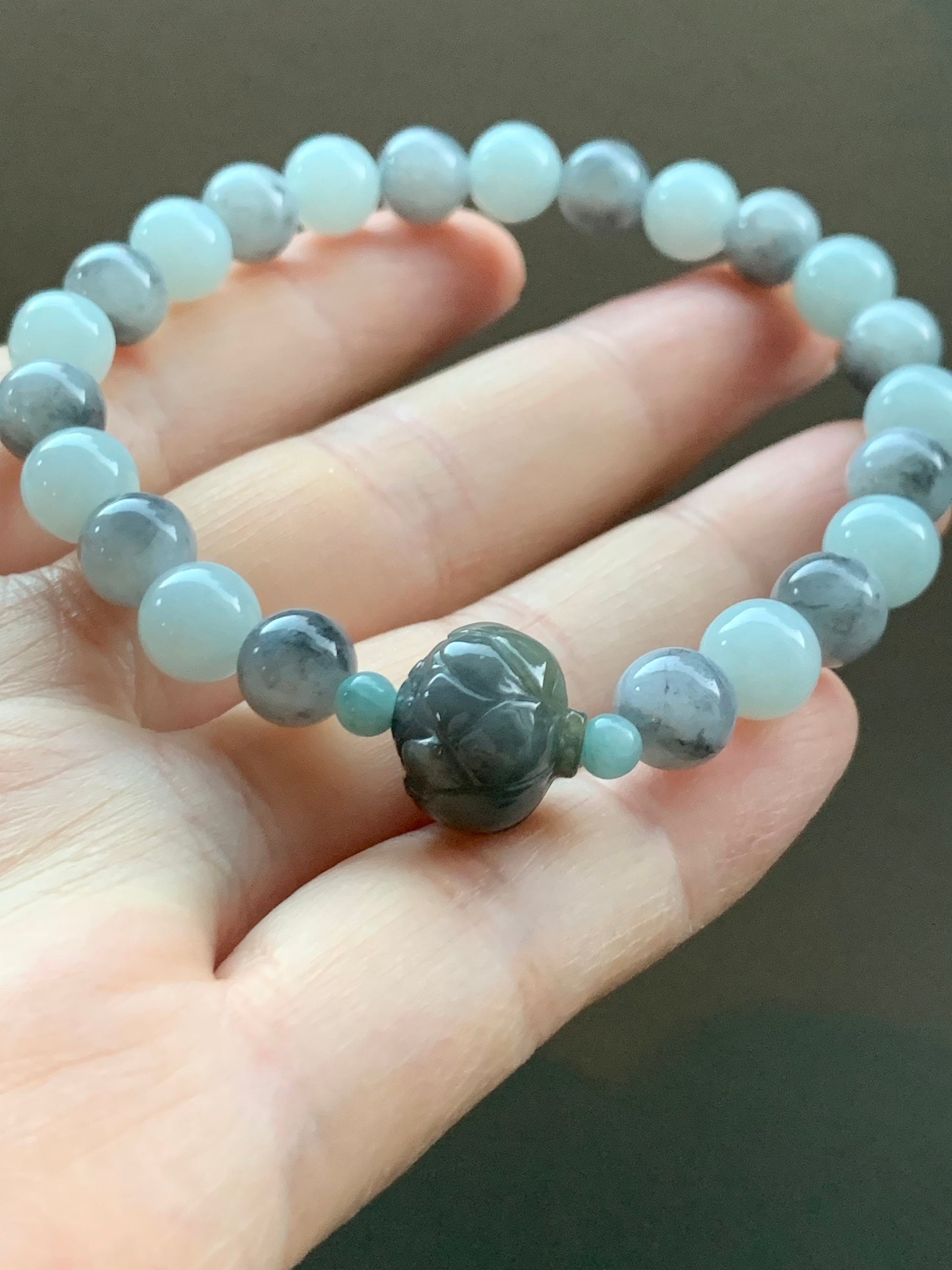 Burmese Natural Sky Blue & Icy Wuji Jadeite Beads Carved Wuji Jadeite Lotus Flower Beaded Bracelet 7” 天然缅甸天空蓝乌鸡翡翠莲花珠手串