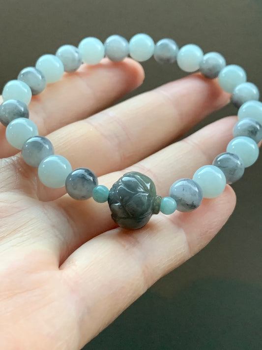 Burmese Natural Sky Blue & Icy Wuji Jadeite Beads Carved Wuji Jadeite Lotus Flower Beaded Bracelet 7” 天然缅甸天空蓝乌鸡翡翠莲花珠手串