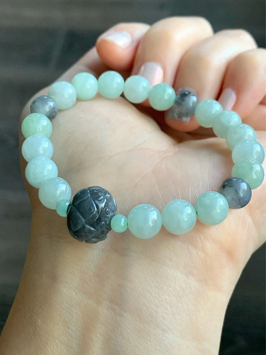 Burmese Natural Translucent Light Green & Icy Wuji Jadeite Beads Carved Wuji Jadeite Lotus Flower Beaded Bracelet 6.25” 天然缅甸淡晴底冰乌鸡翡翠莲花珠手串