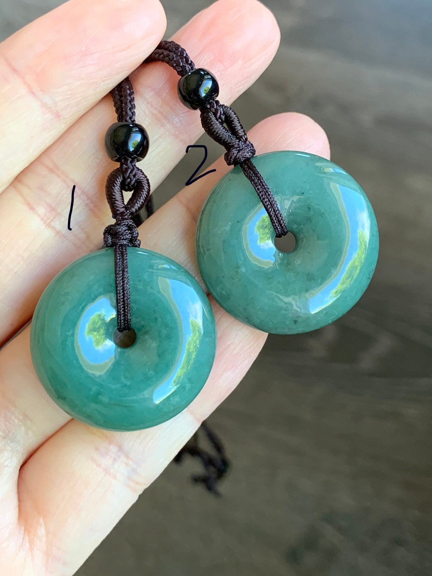 Natural Guatemalan Icy Translucent Teal Green Jadeite Ping An Kou Donut Bead Pendant Rope Necklace 天然冰危蓝绿翡翠平安扣吊坠