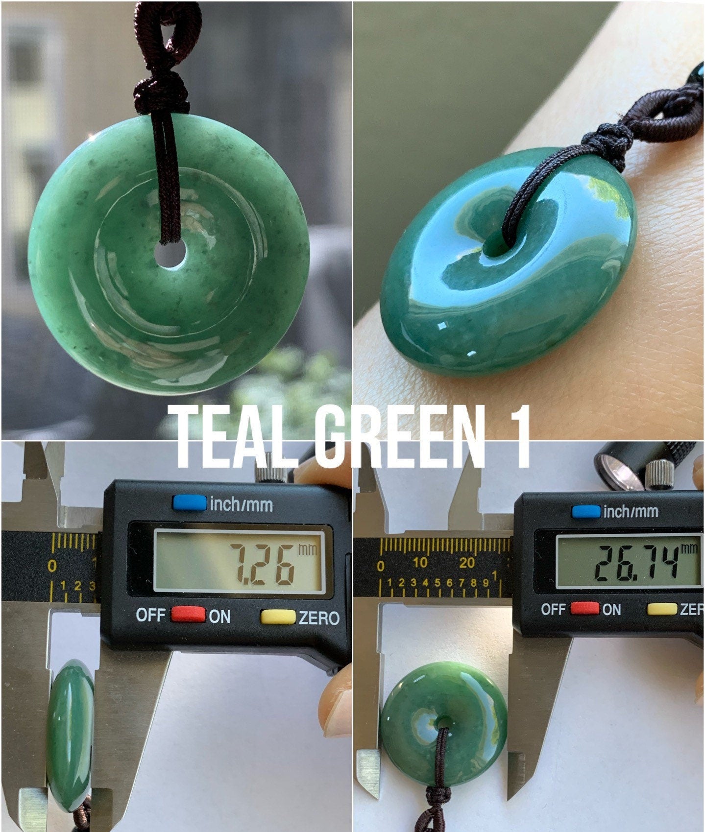 Natural Guatemalan Icy Translucent Teal Green Jadeite Ping An Kou Donut Bead Pendant Rope Necklace 天然冰危蓝绿翡翠平安扣吊坠