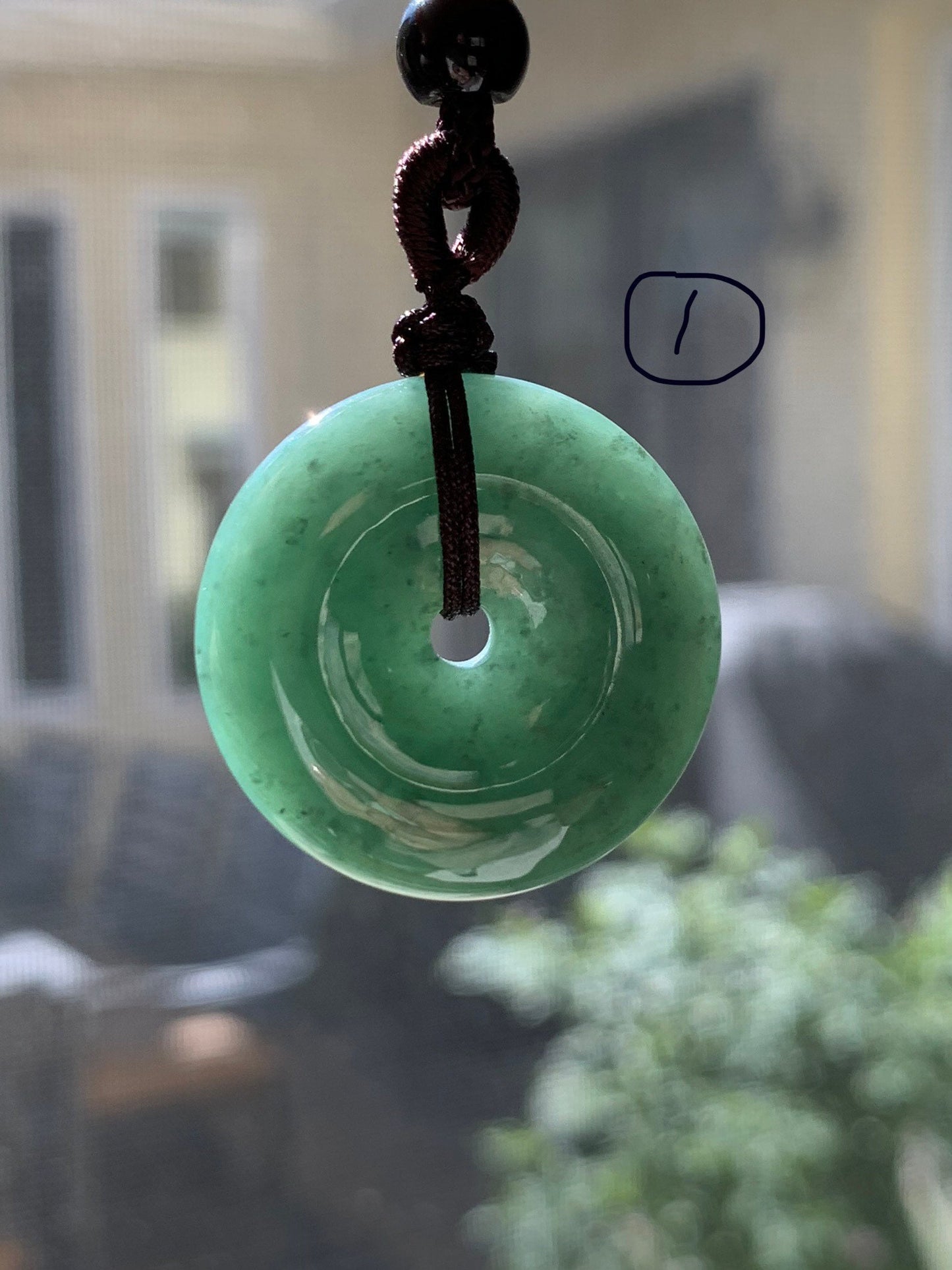 Natural Guatemalan Icy Translucent Teal Green Jadeite Ping An Kou Donut Bead Pendant Rope Necklace 天然冰危蓝绿翡翠平安扣吊坠