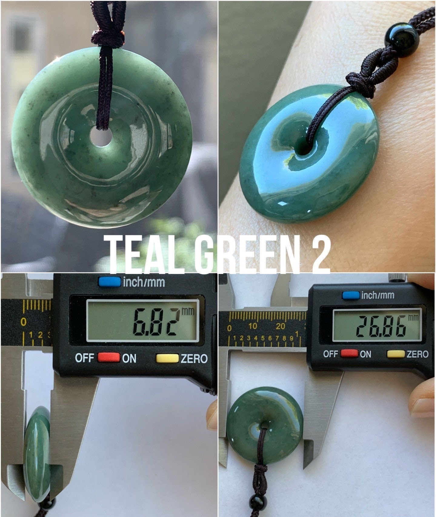 Natural Guatemalan Icy Translucent Teal Green Jadeite Ping An Kou Donut Bead Pendant Rope Necklace 天然冰危蓝绿翡翠平安扣吊坠