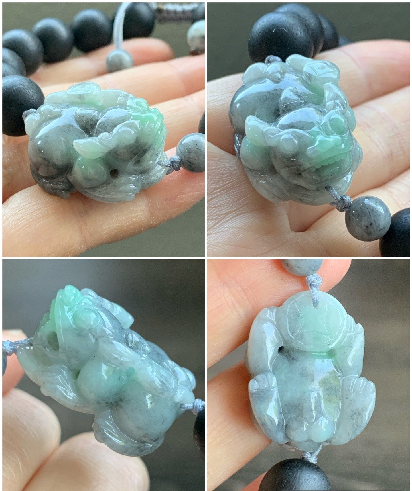 Large Natural Burmese Icy Wuji Jadeite with Green Marbling Carved Pixiu Black Agarwood Beaded Bracelet 7.75" 天然缅甸细糯乌鸡带绿翡翠貔貅土沉香木珠手串