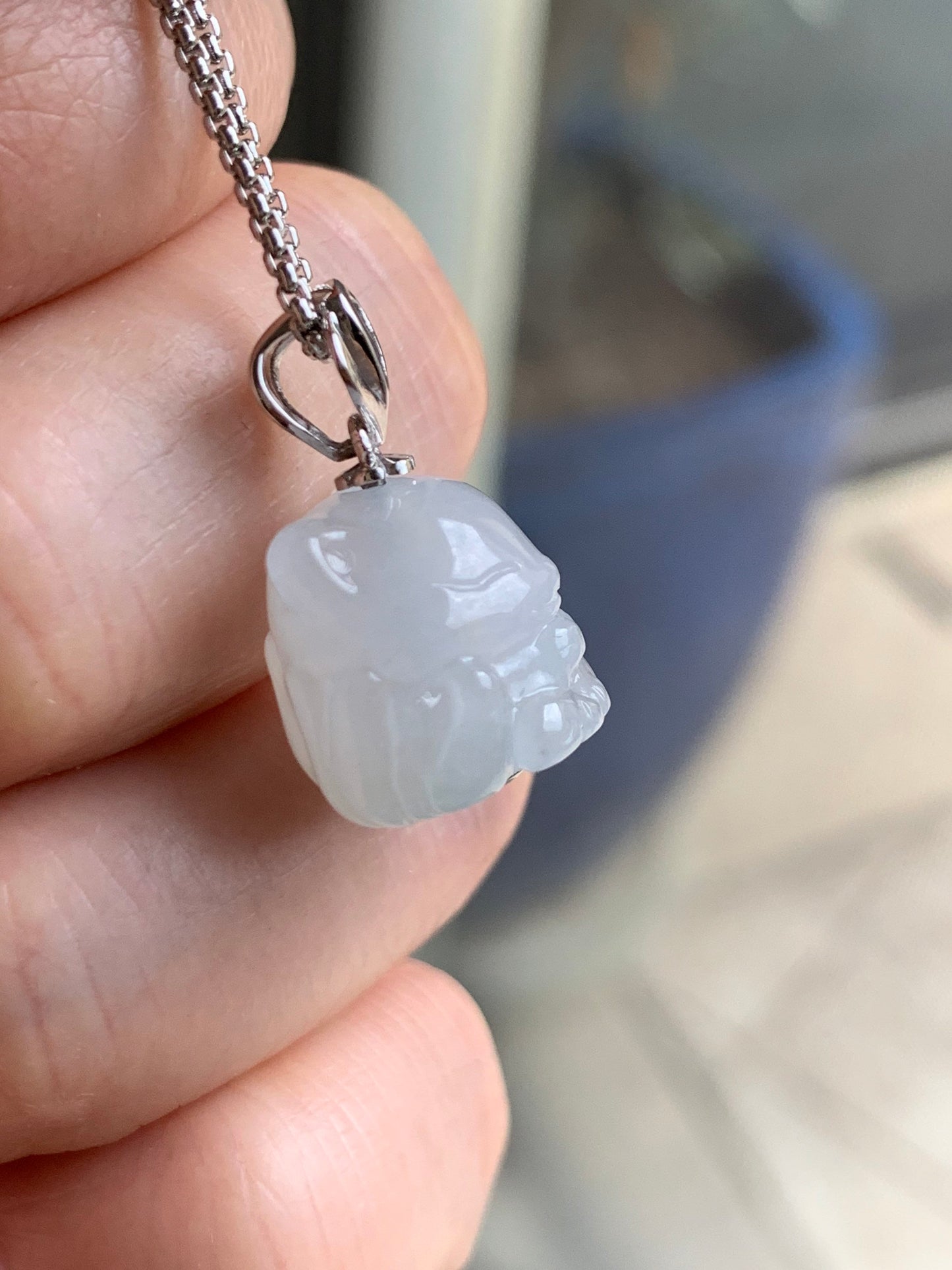 Certified Natural Burmese Icy Translucent & Gelatinous White Jadeite 3D Carved Nine-Tailed Fox Pendant 18K White Gold 天然缅甸白冰起胶翡翠九尾狐狸镶嵌吊坠 756