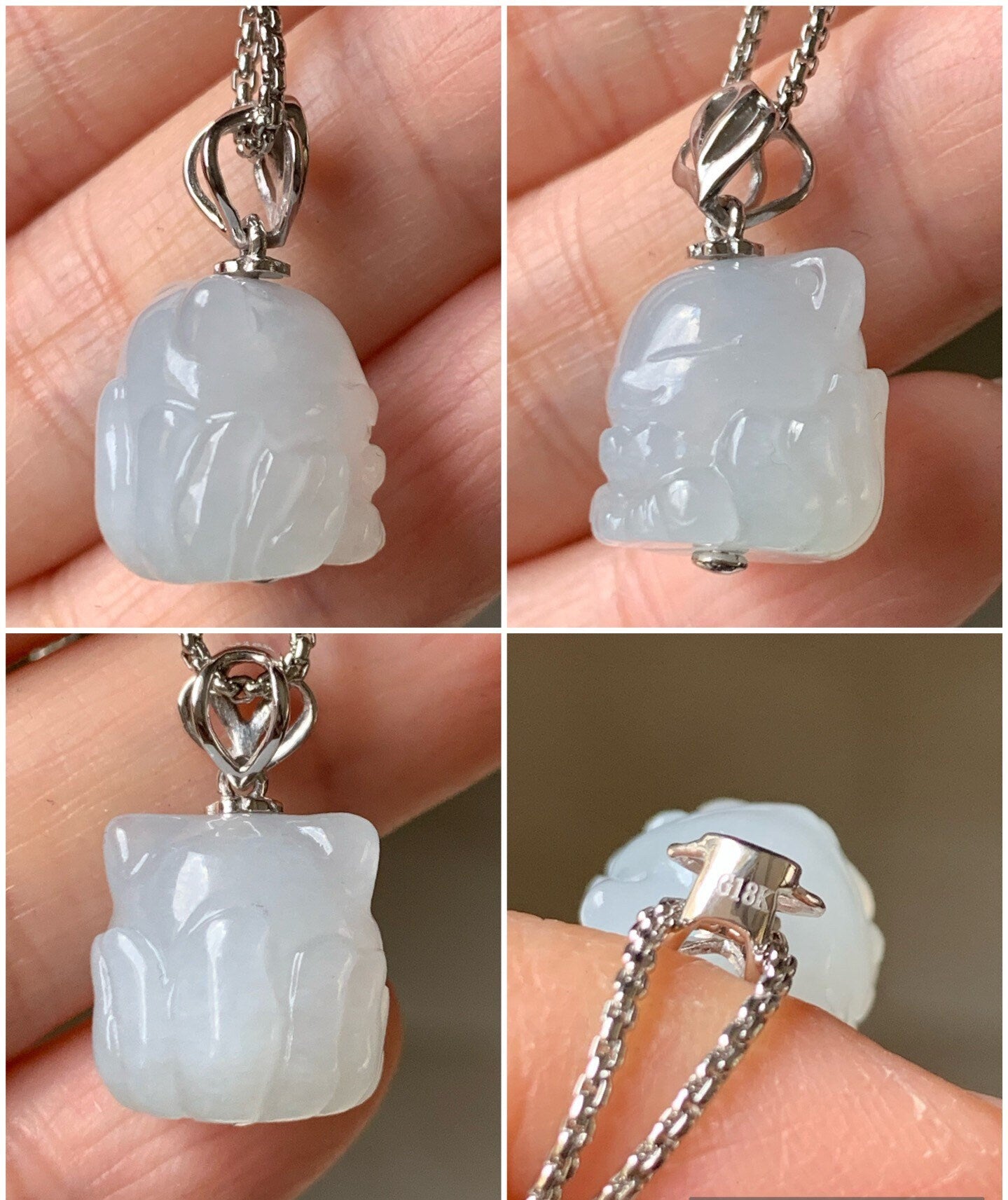 Certified Natural Burmese Icy Translucent & Gelatinous White Jadeite 3D Carved Nine-Tailed Fox Pendant 18K White Gold 天然缅甸白冰起胶翡翠九尾狐狸镶嵌吊坠 756