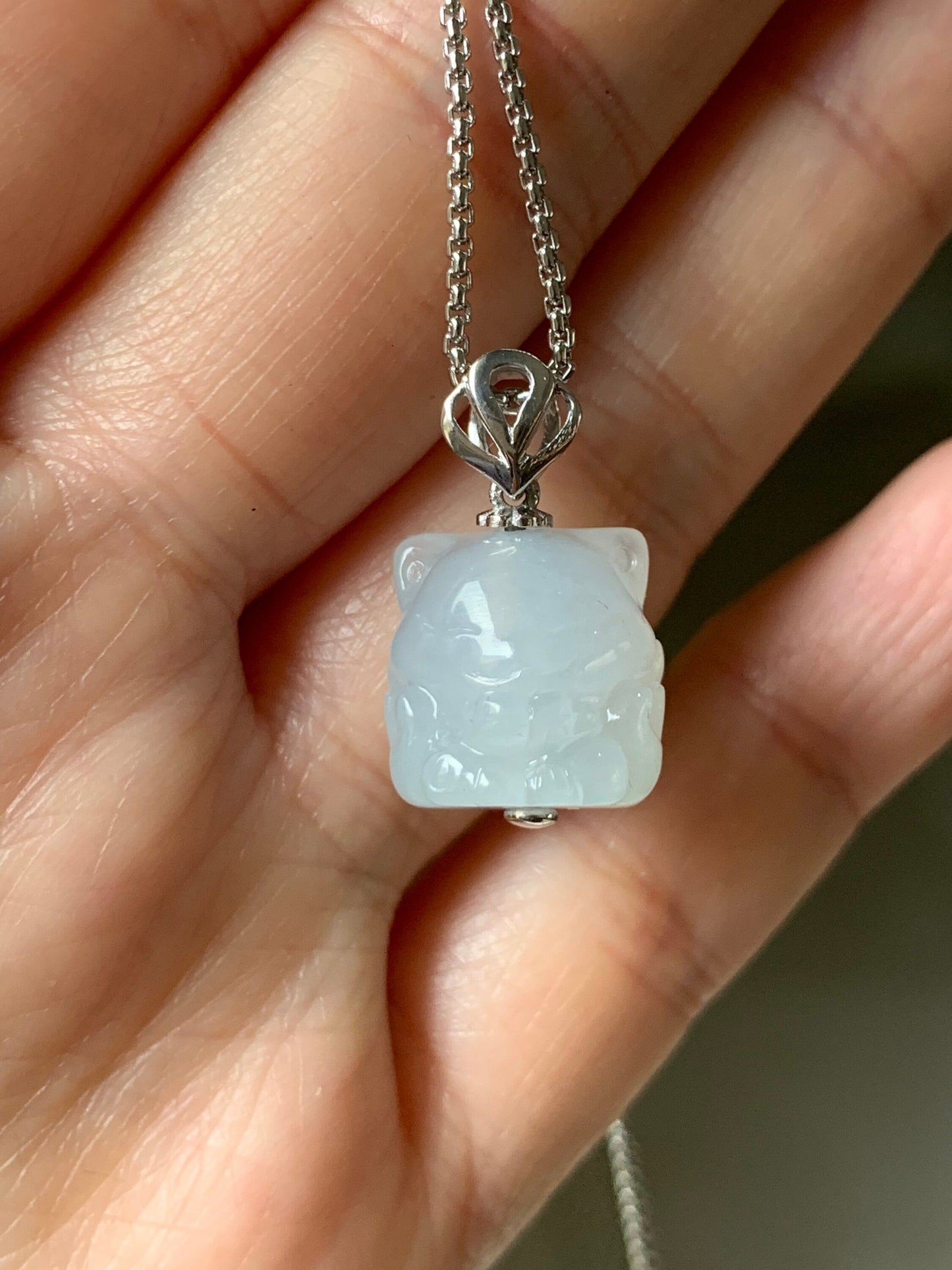 Certified Natural Burmese Icy Translucent & Gelatinous White Jadeite 3D Carved Nine-Tailed Fox Pendant 18K White Gold 天然缅甸白冰起胶翡翠九尾狐狸镶嵌吊坠 756