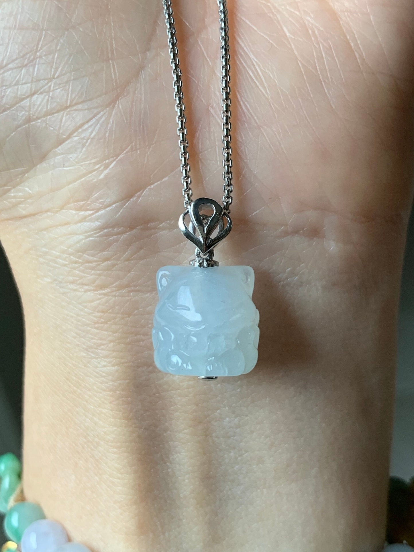 Certified Natural Burmese Icy Translucent & Gelatinous White Jadeite 3D Carved Nine-Tailed Fox Pendant 18K White Gold 天然缅甸白冰起胶翡翠九尾狐狸镶嵌吊坠 756