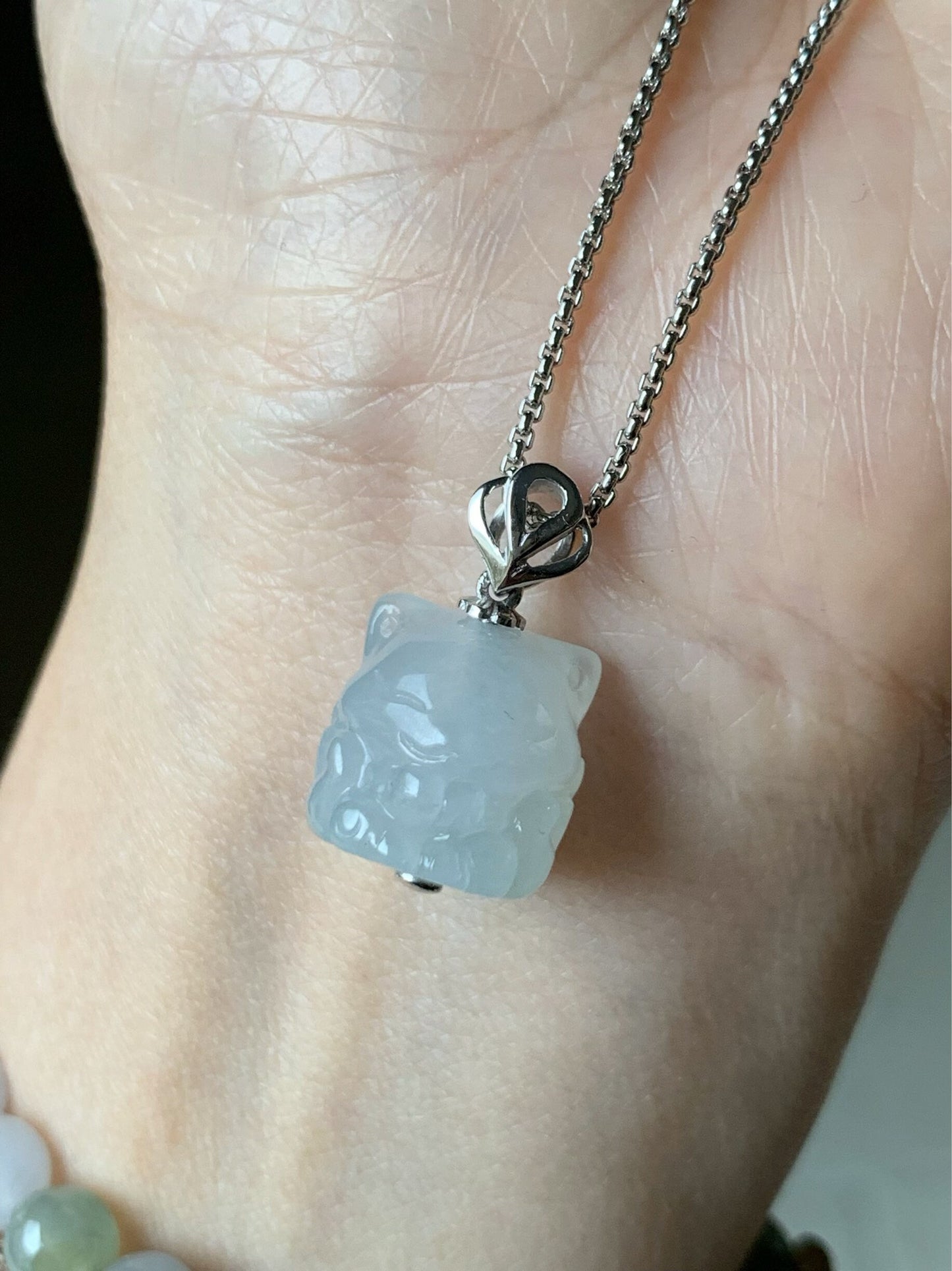 Certified Natural Burmese Icy Translucent & Gelatinous White Jadeite 3D Carved Nine-Tailed Fox Pendant 18K White Gold 天然缅甸白冰起胶翡翠九尾狐狸镶嵌吊坠 756