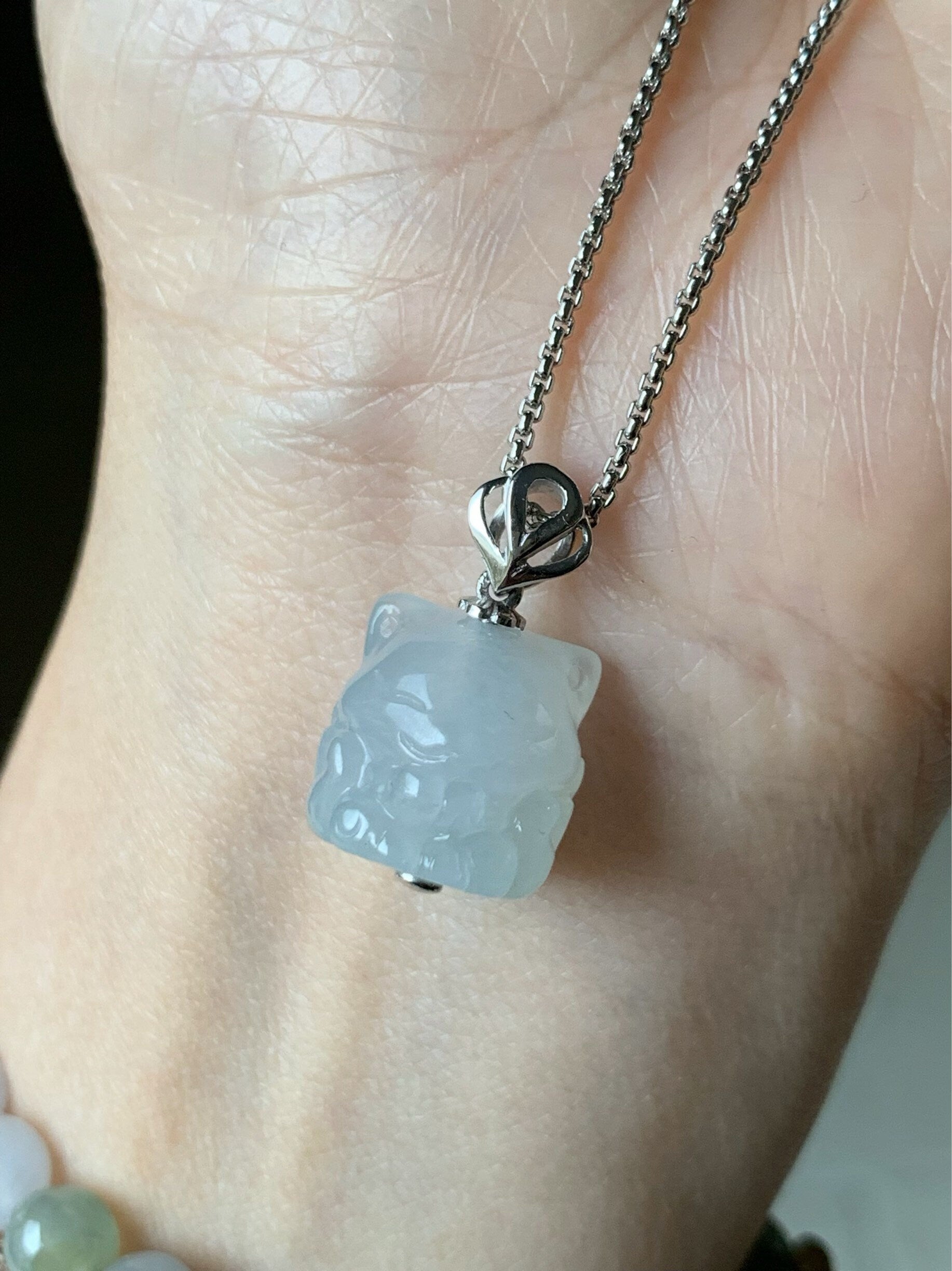 Certified Natural Burmese Icy Translucent & Gelatinous White Jadeite 3D Carved Nine-Tailed Fox Pendant 18K White Gold 天然缅甸白冰起胶翡翠九尾狐狸镶嵌吊坠 756