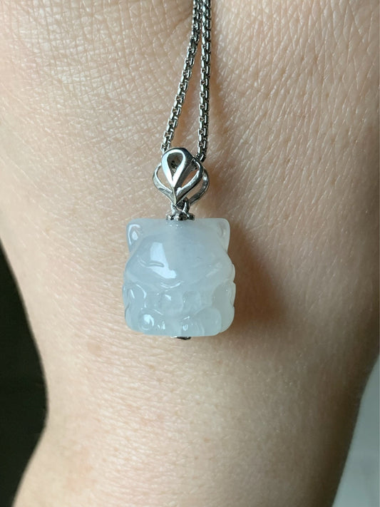 Certified Natural Burmese Icy Translucent & Gelatinous White Jadeite 3D Carved Nine-Tailed Fox Pendant 18K White Gold 天然缅甸白冰起胶翡翠九尾狐狸镶嵌吊坠 756