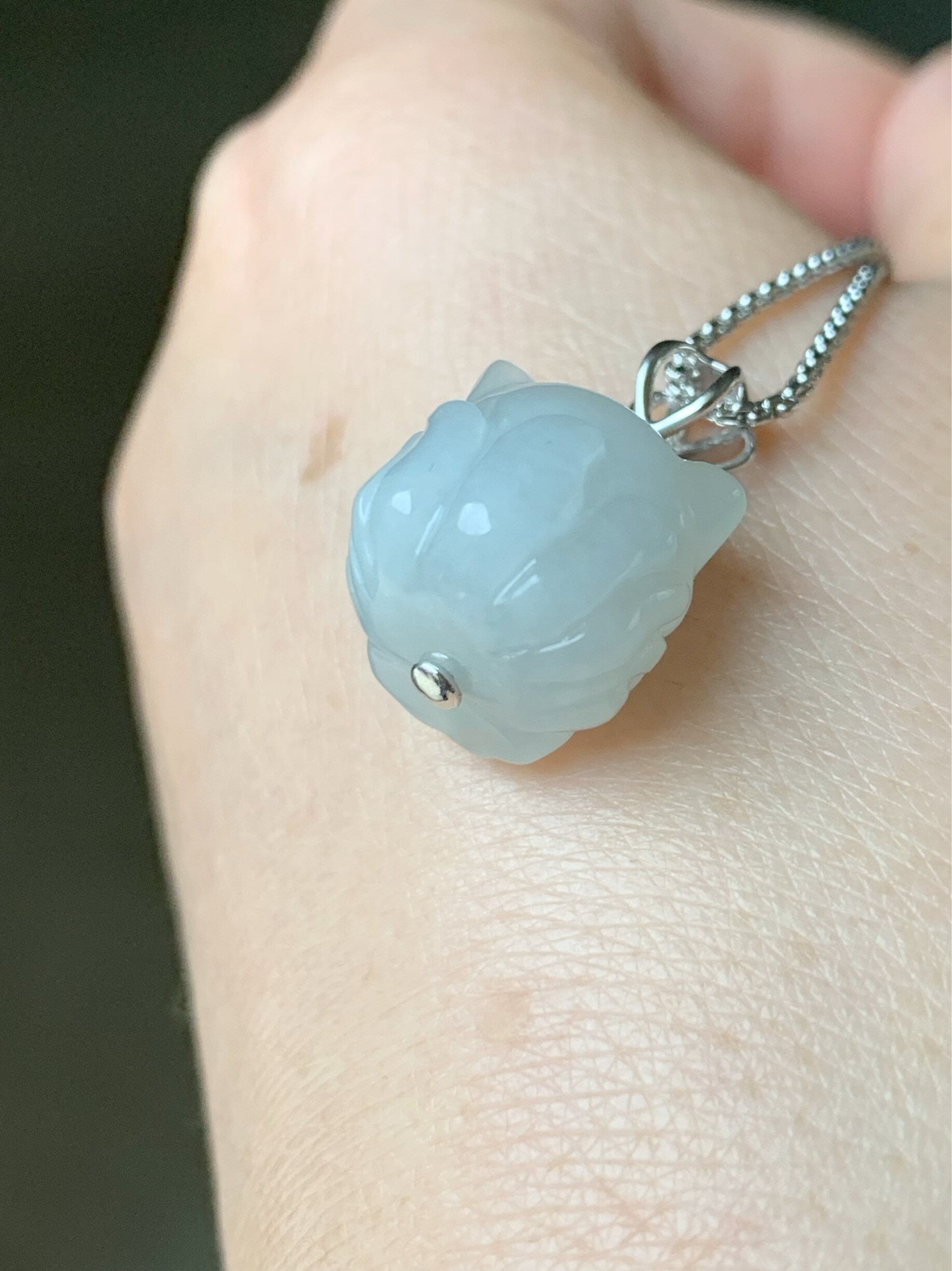 Certified Natural Burmese Icy Translucent & Gelatinous White Jadeite 3D Carved Nine-Tailed Fox Pendant 18K White Gold 天然缅甸白冰起胶翡翠九尾狐狸镶嵌吊坠 757