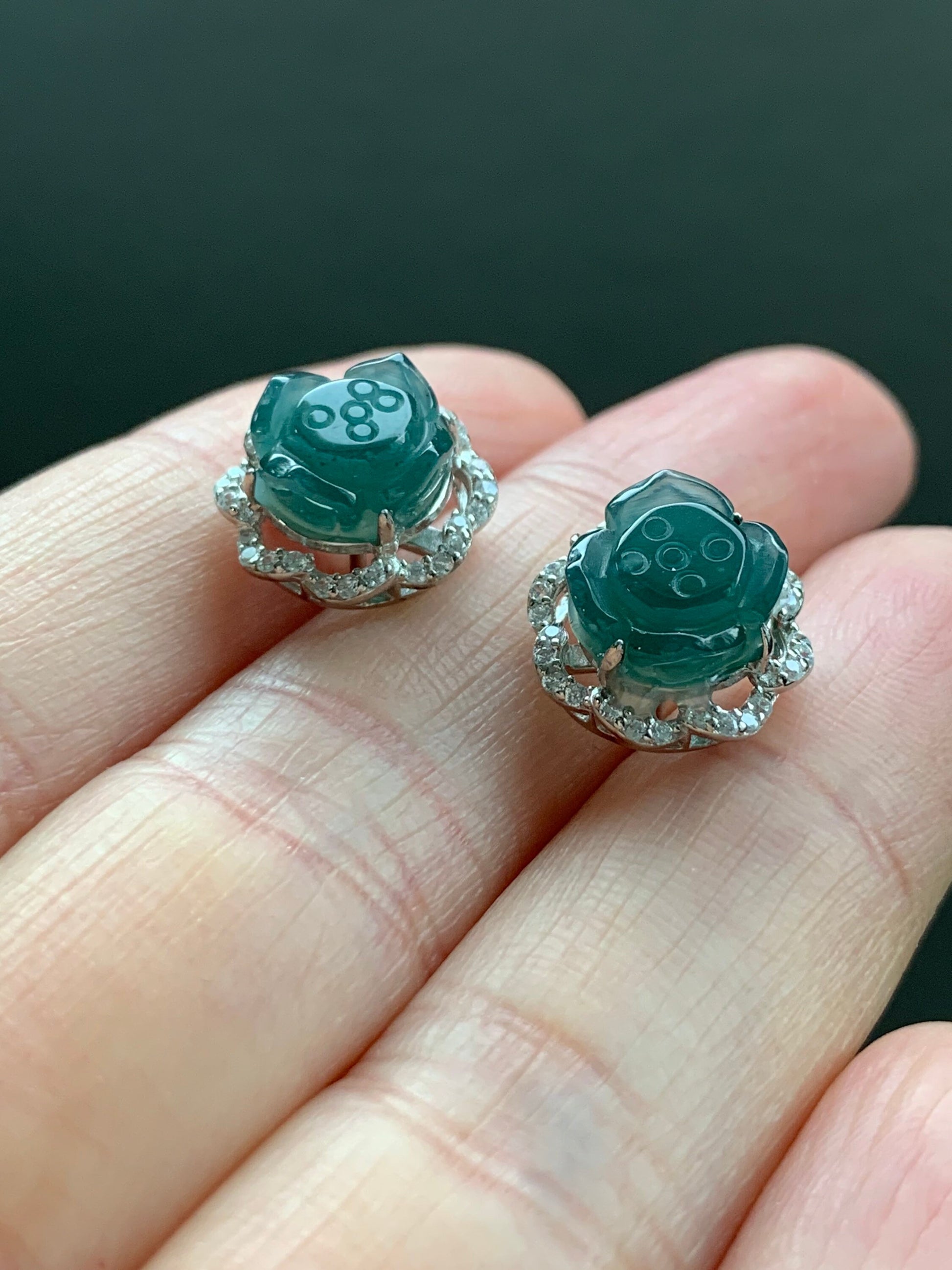 Natural Guatemalan Grade A Icy Translucent Dark Teal Blue Jadeite Carved Lotus Flower Stud Earrings S925 Silver 天然冰危蓝翡翠莲花银耳钉