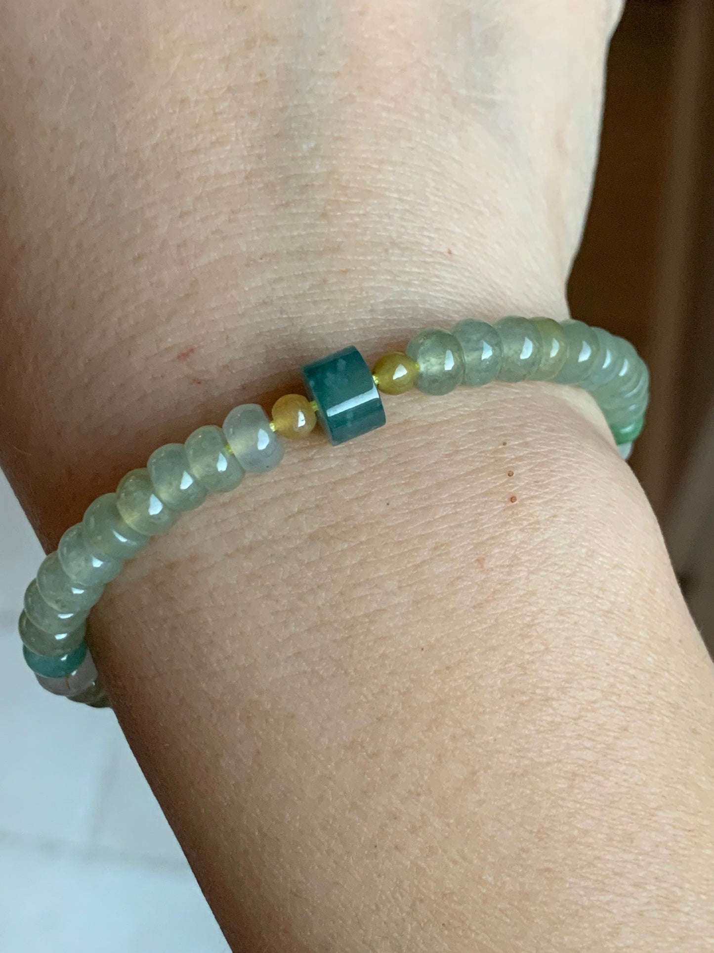 Natural Burmese Icy Beige & Guatemalan Blue Translucent Gelatinous Jadeite Flat Beads Beaded Bracelet 7” 13g 天然缅甸冰胶冰黄翡翠算盘珠冰危蓝桶珠手串