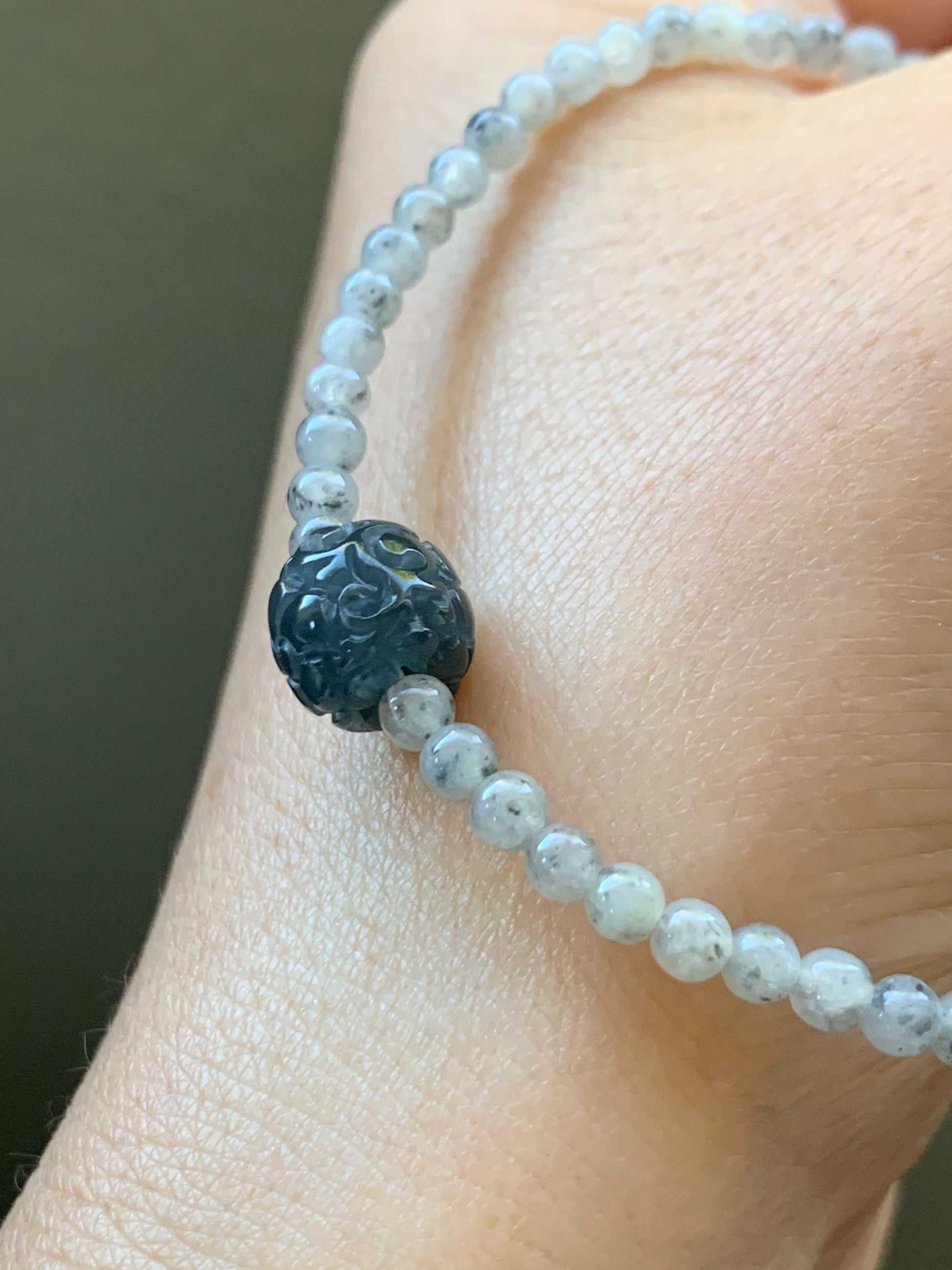 Natural Burmese A Graded Icy Highly Translucent Light Wuji Jadeite Guatemalan Wuji Jadeite Carved Barrel Bead Bracelet 7” 天然缅甸冰胶乌鸡翡翠冰危乌鸡桶珠手串