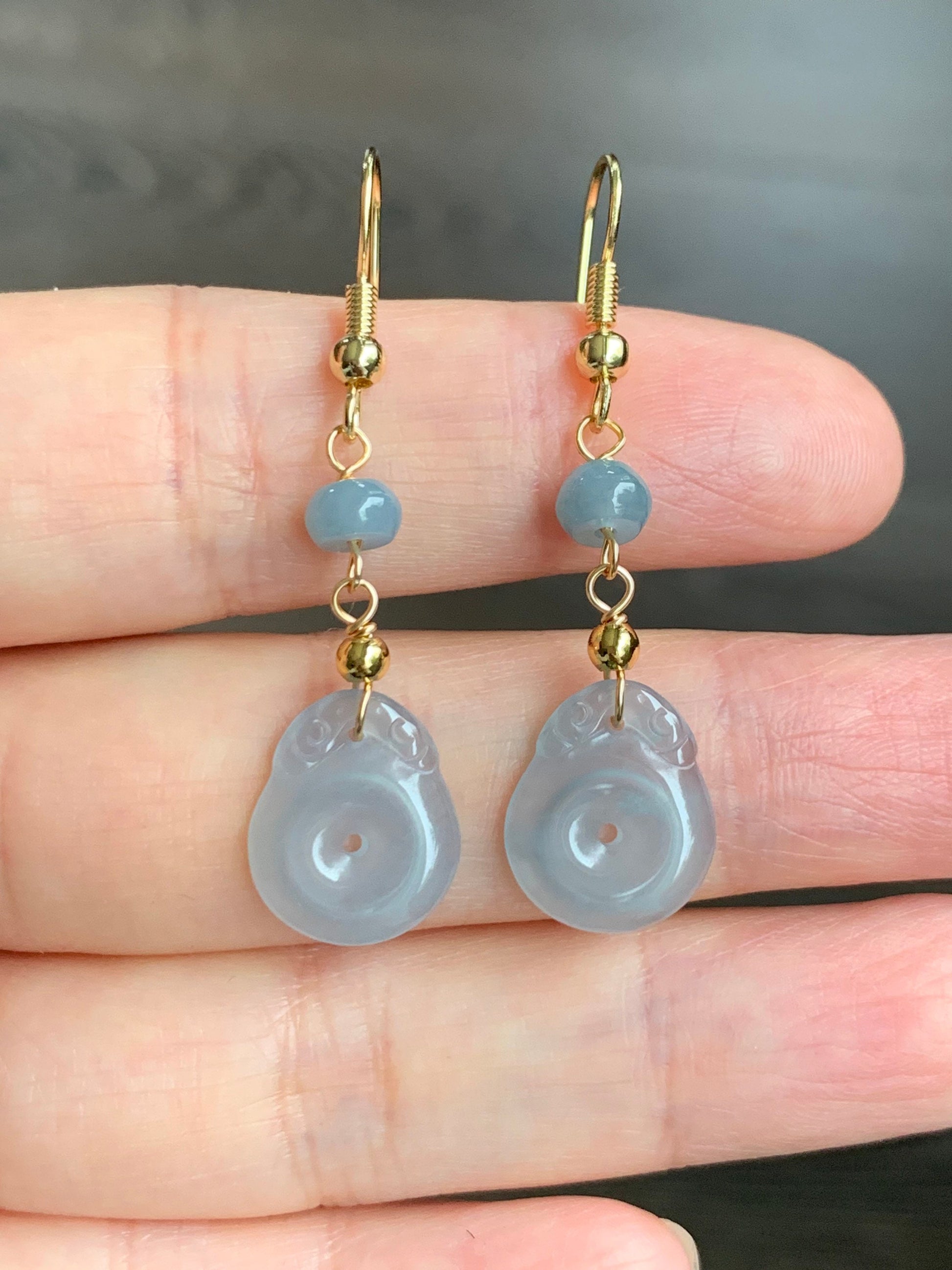 Natural Guatemalan Highly Translucent Light Sky Blue Jadeite Donut Ping An Kou Earrings 14K yellow gold plated 天然冰危蓝翡翠平安扣包金耳吊