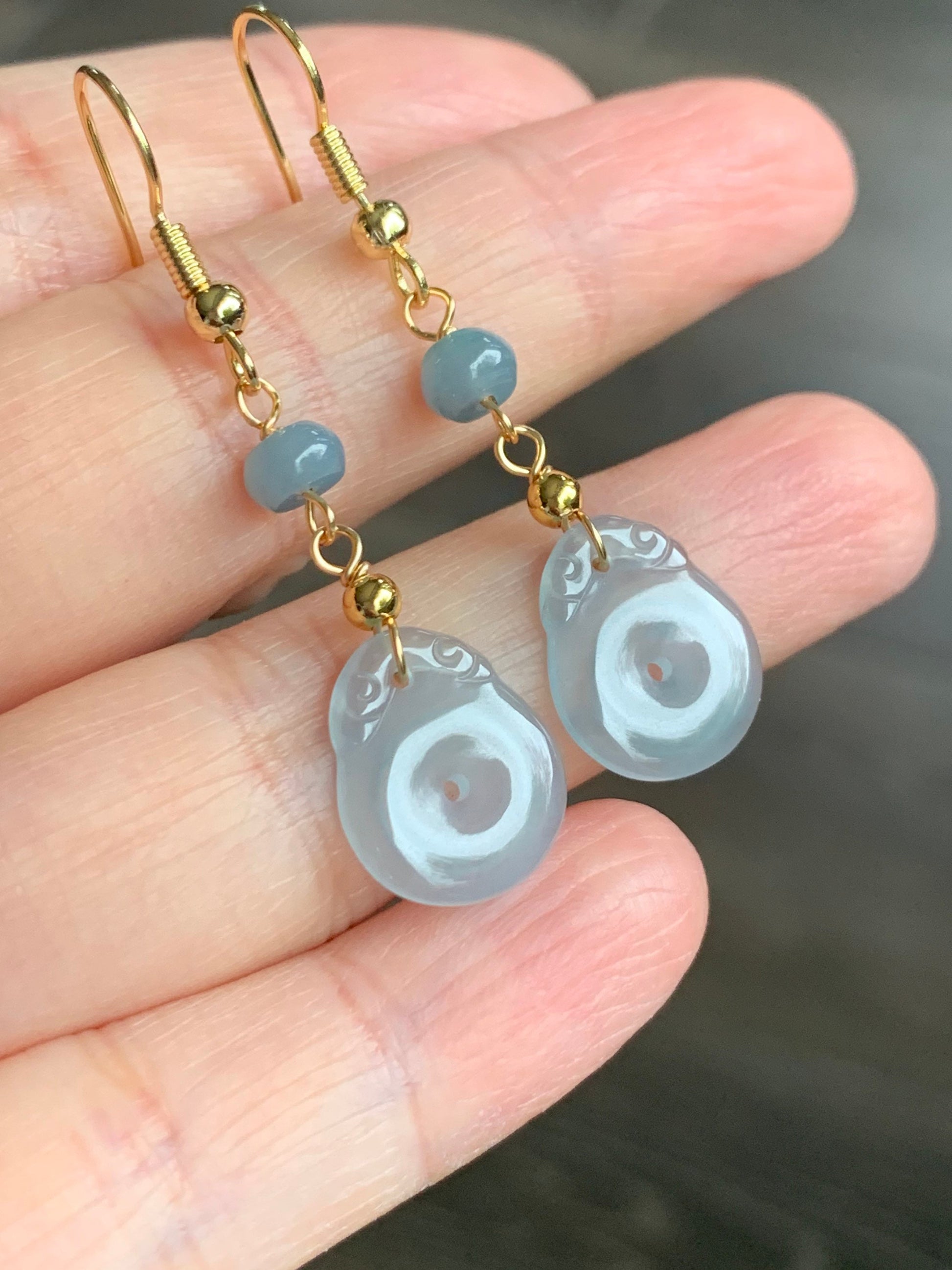 Natural Guatemalan Highly Translucent Light Sky Blue Jadeite Donut Ping An Kou Earrings 14K yellow gold plated 天然冰危蓝翡翠平安扣包金耳吊