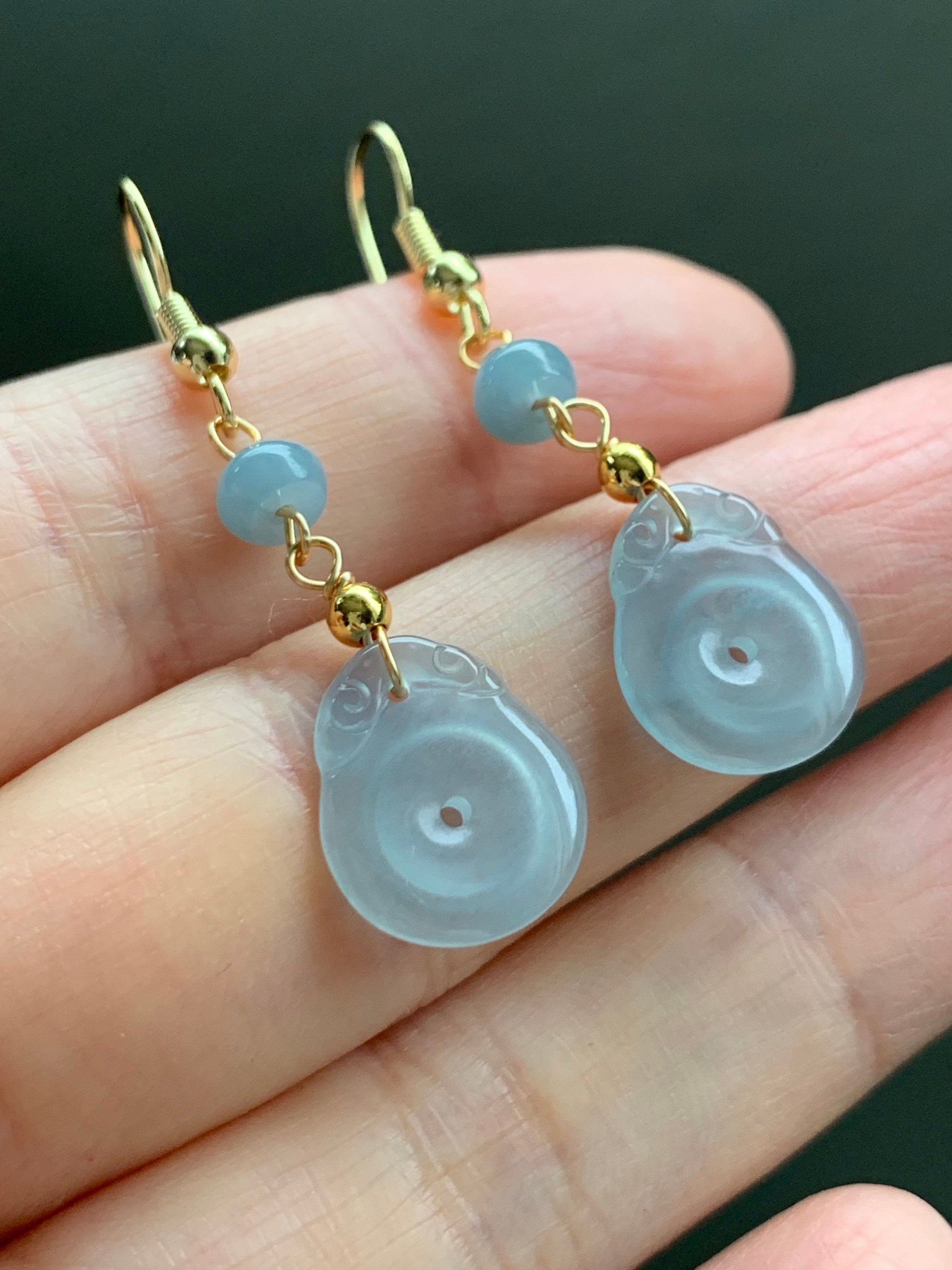 Natural Guatemalan Highly Translucent Light Sky Blue Jadeite Donut Ping An Kou Earrings 14K yellow gold plated 天然冰危蓝翡翠平安扣包金耳吊