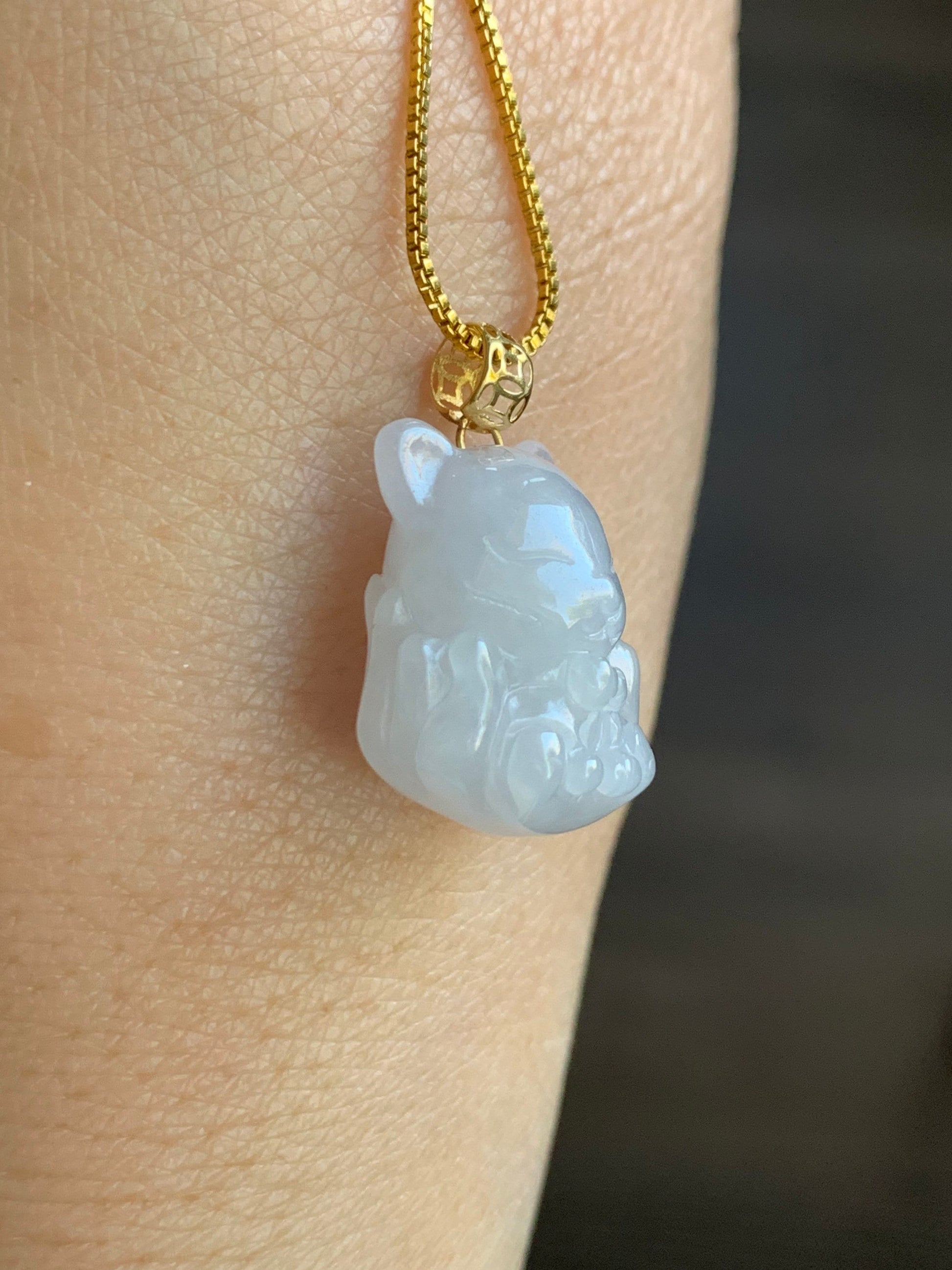 Natural Burmese Icy Translucent White Jadeite 3D Carved Nine-Tailed Fox Pendant 18K Yellow Gold 天然缅甸细糯白冰翡翠九尾狐狸镶嵌吊坠