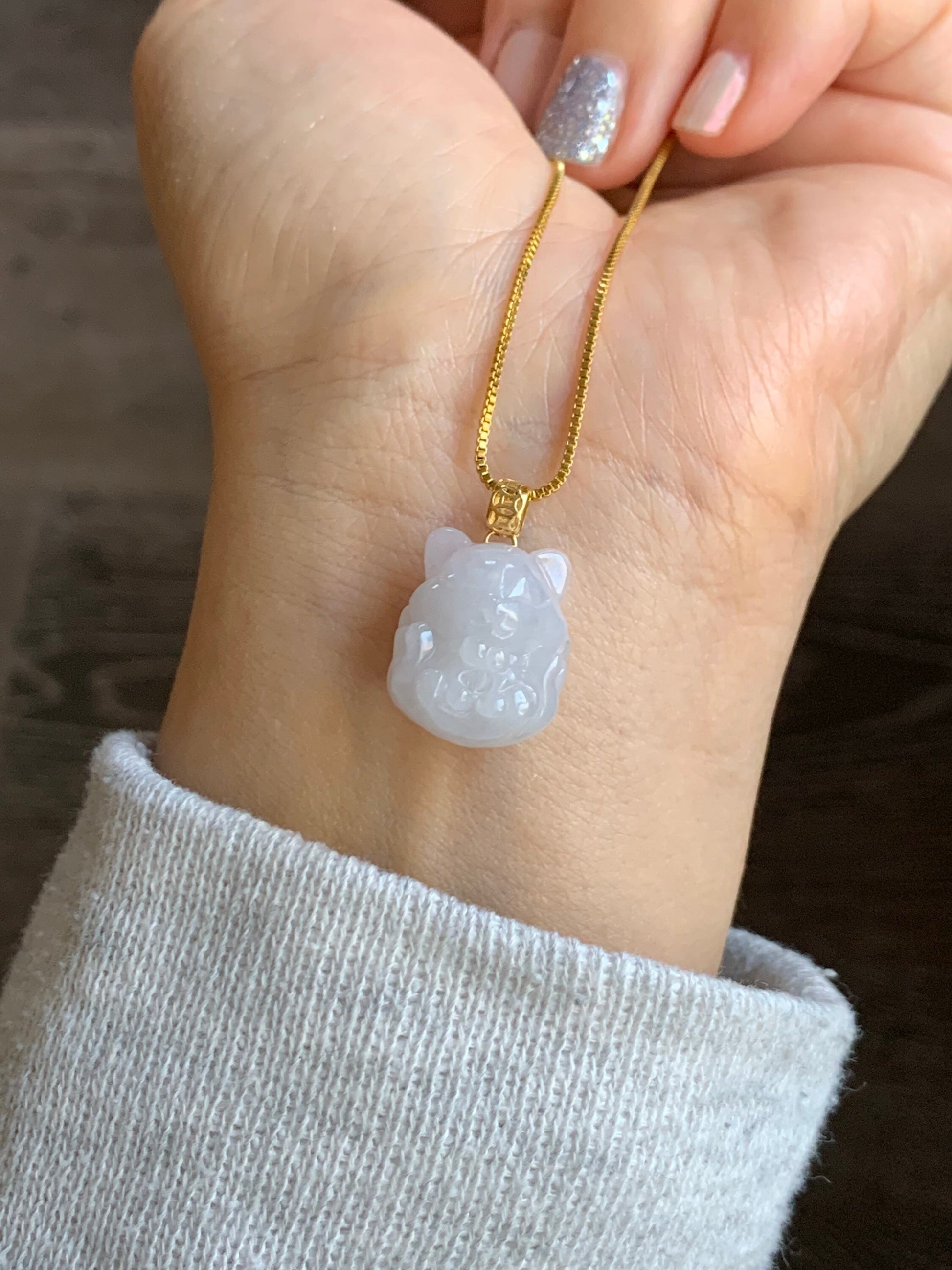 Natural Burmese Icy Translucent White Jadeite 3D Carved Nine-Tailed Fox Pendant 18K Yellow Gold 天然缅甸细糯白冰翡翠九尾狐狸镶嵌吊坠