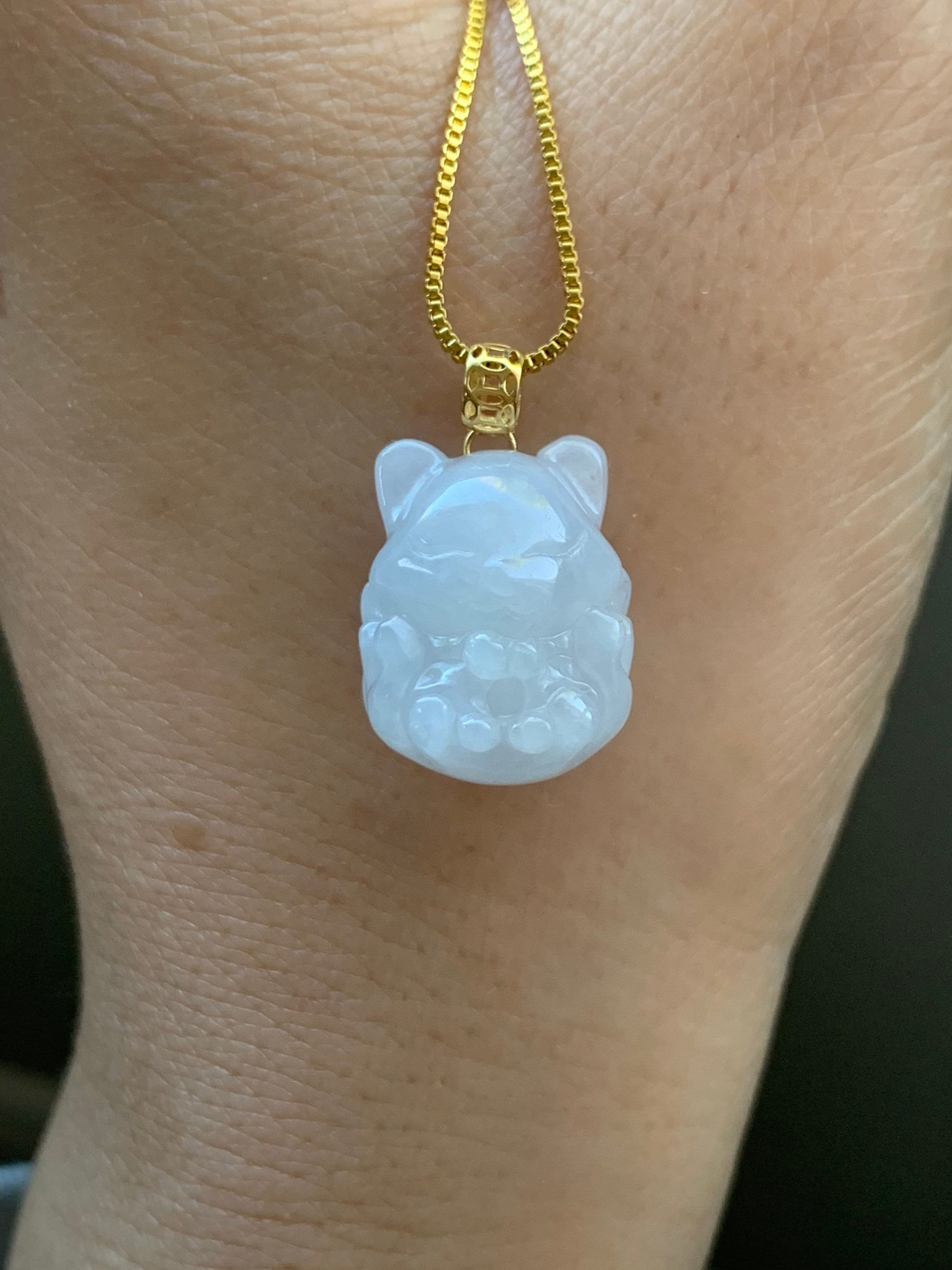 Natural Burmese Icy Translucent White Jadeite 3D Carved Nine-Tailed Fox Pendant 18K Yellow Gold 天然缅甸细糯白冰翡翠九尾狐狸镶嵌吊坠