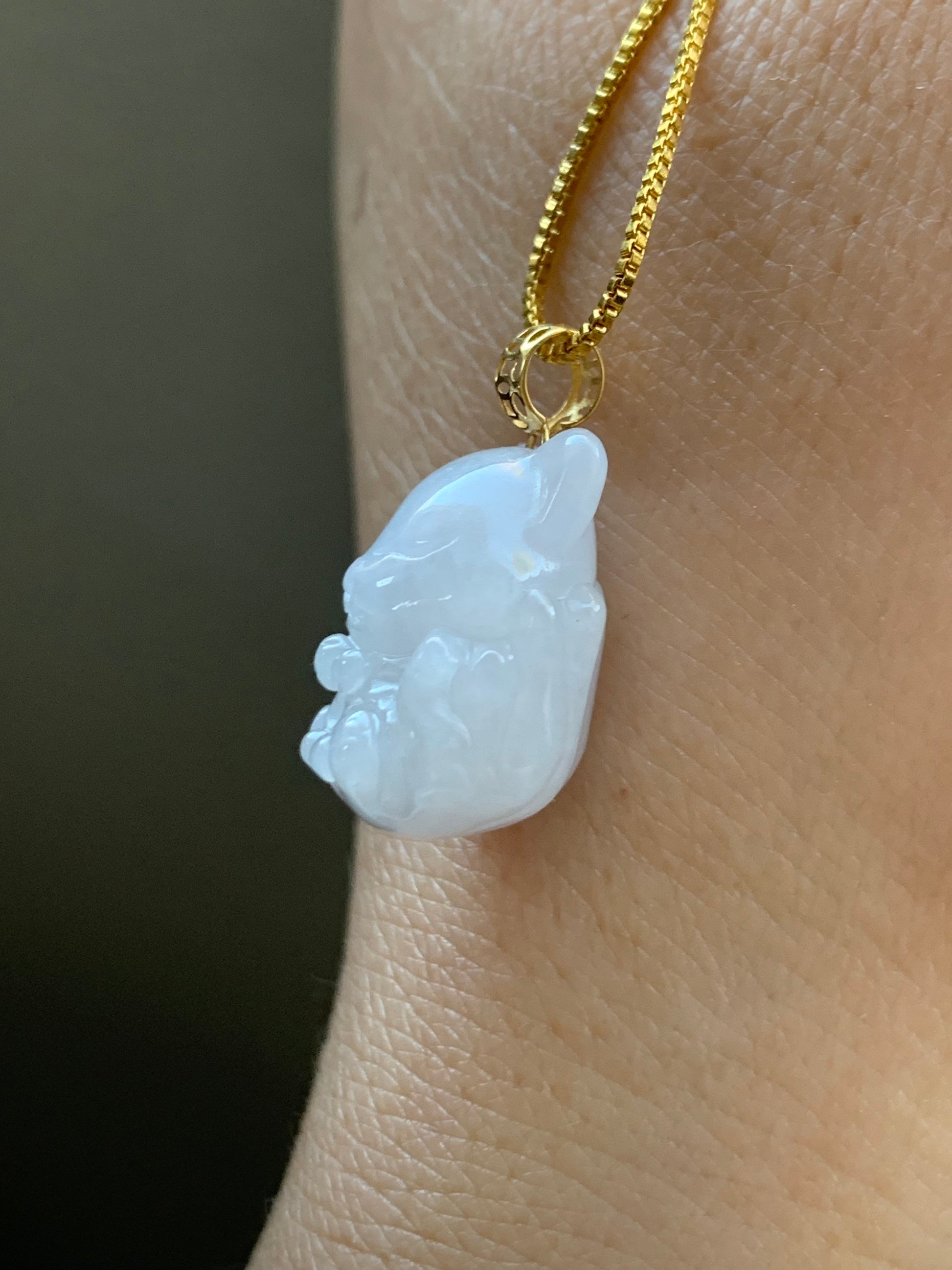 Natural Burmese Icy Translucent White Jadeite 3D Carved Nine-Tailed Fox Pendant 18K Yellow Gold 天然缅甸细糯白冰翡翠九尾狐狸镶嵌吊坠