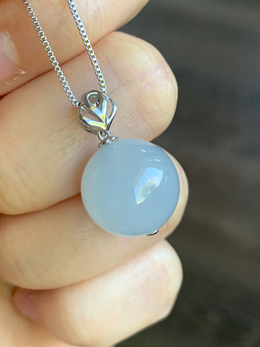 Large Certified Natural Burmese Grade A Icy Translucent Gelatinous Jadeite Sphere Bead Pendant 18K White Gold 天然缅甸糯冰起胶翡翠单珠镶嵌吊坠