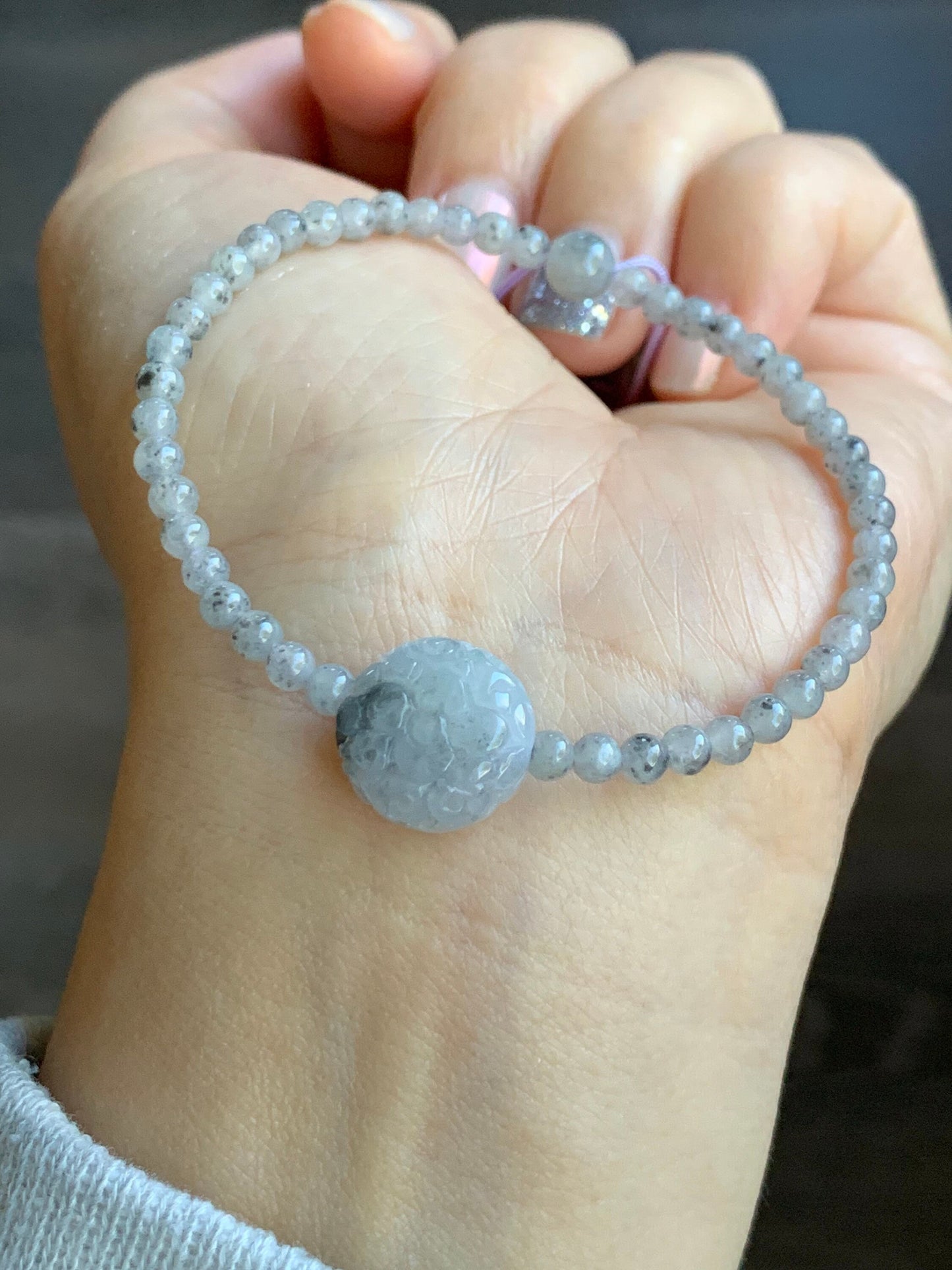 Natural Burmese A Graded Icy Highly Translucent Light Wuji Jadeite Engraved Wuji Jadeite Coin Bead Beaded Bracelet 6.75” 天然缅甸冰胶乌鸡翡翠仿古雕手串
