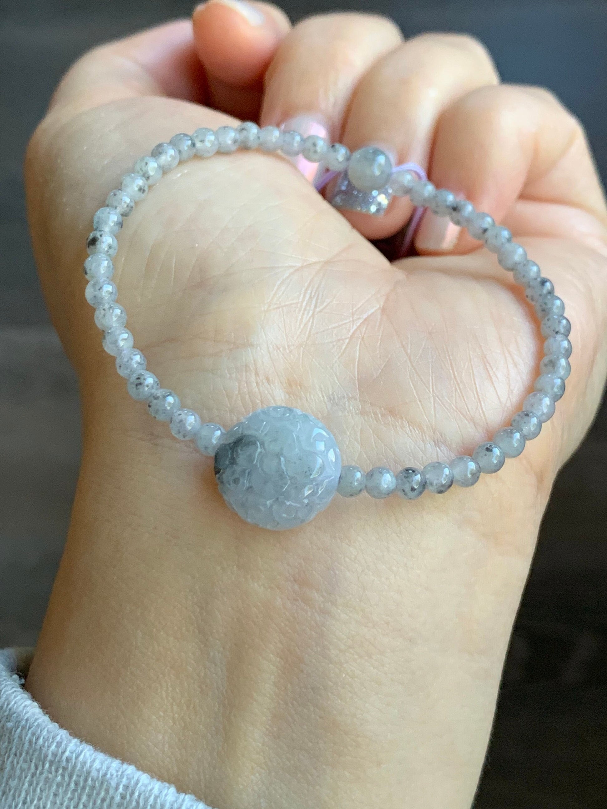 Natural Burmese A Graded Icy Highly Translucent Light Wuji Jadeite Engraved Wuji Jadeite Coin Bead Beaded Bracelet 6.75” 天然缅甸冰胶乌鸡翡翠仿古雕手串