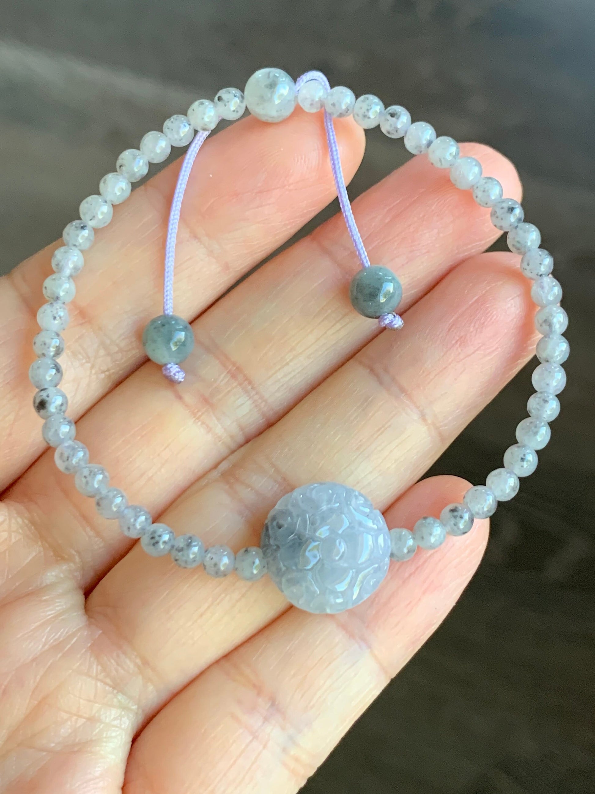 Natural Burmese A Graded Icy Highly Translucent Light Wuji Jadeite Engraved Wuji Jadeite Coin Bead Beaded Bracelet 6.75” 天然缅甸冰胶乌鸡翡翠仿古雕手串
