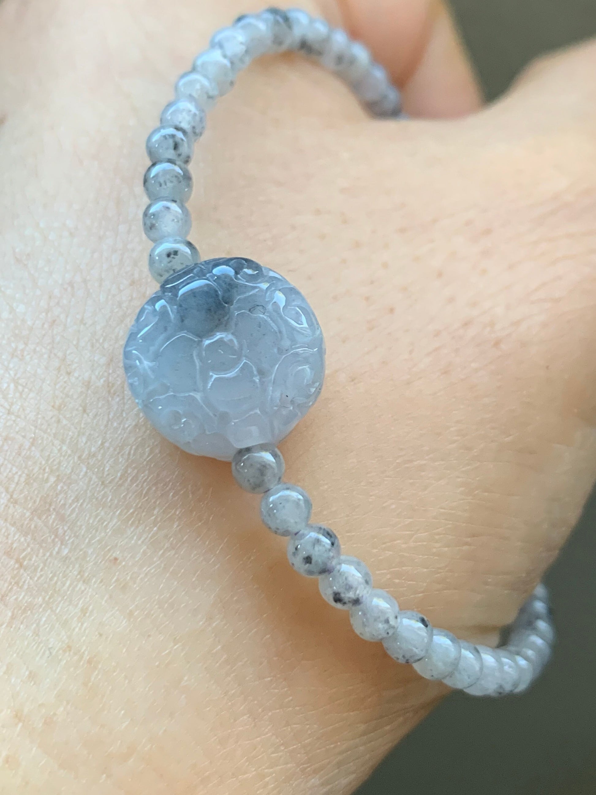 Natural Burmese A Graded Icy Highly Translucent Light Wuji Jadeite Engraved Wuji Jadeite Coin Bead Beaded Bracelet 6.75” 天然缅甸冰胶乌鸡翡翠仿古雕手串